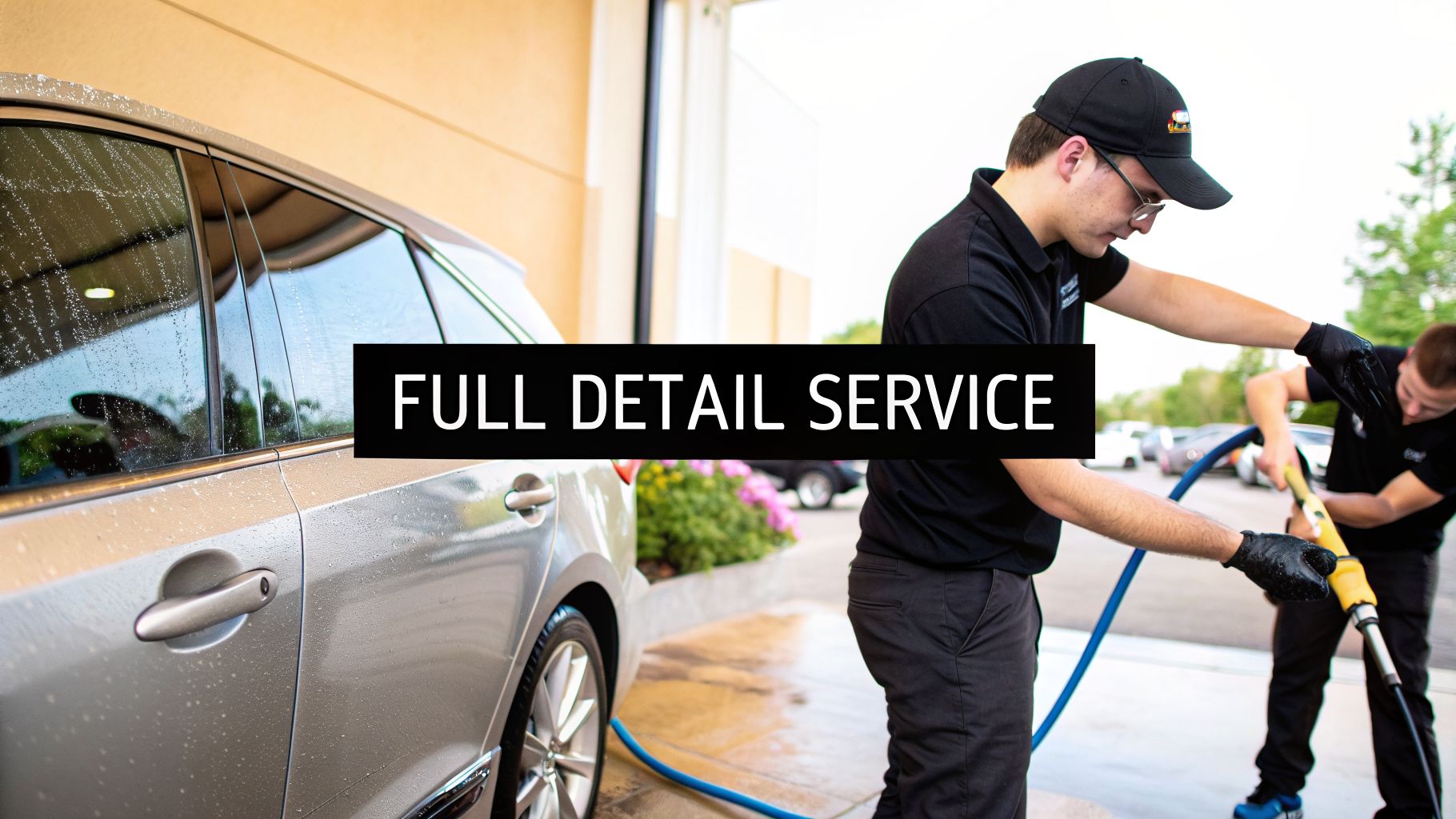 Two men in black shirts and gloves professionally detailing a silver car at an outdoor wash station. mobile car detailing 