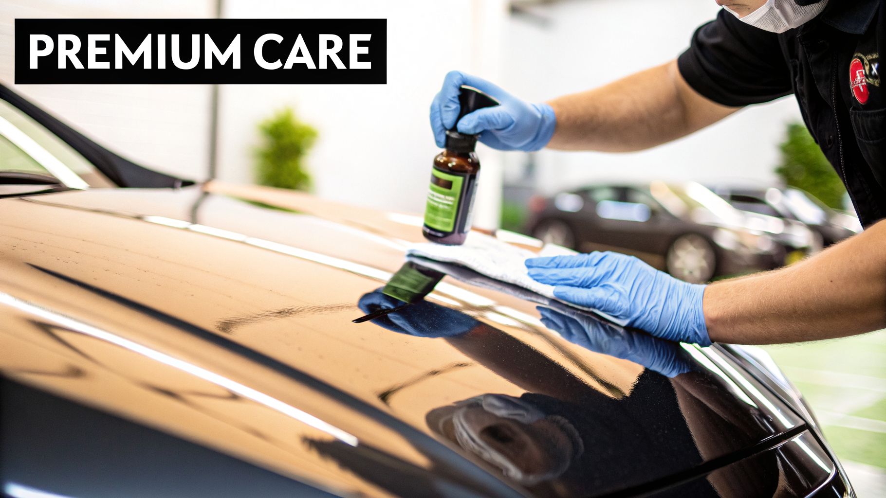 Professional detailer in blue gloves applying a premium care product to a dark car's hood.