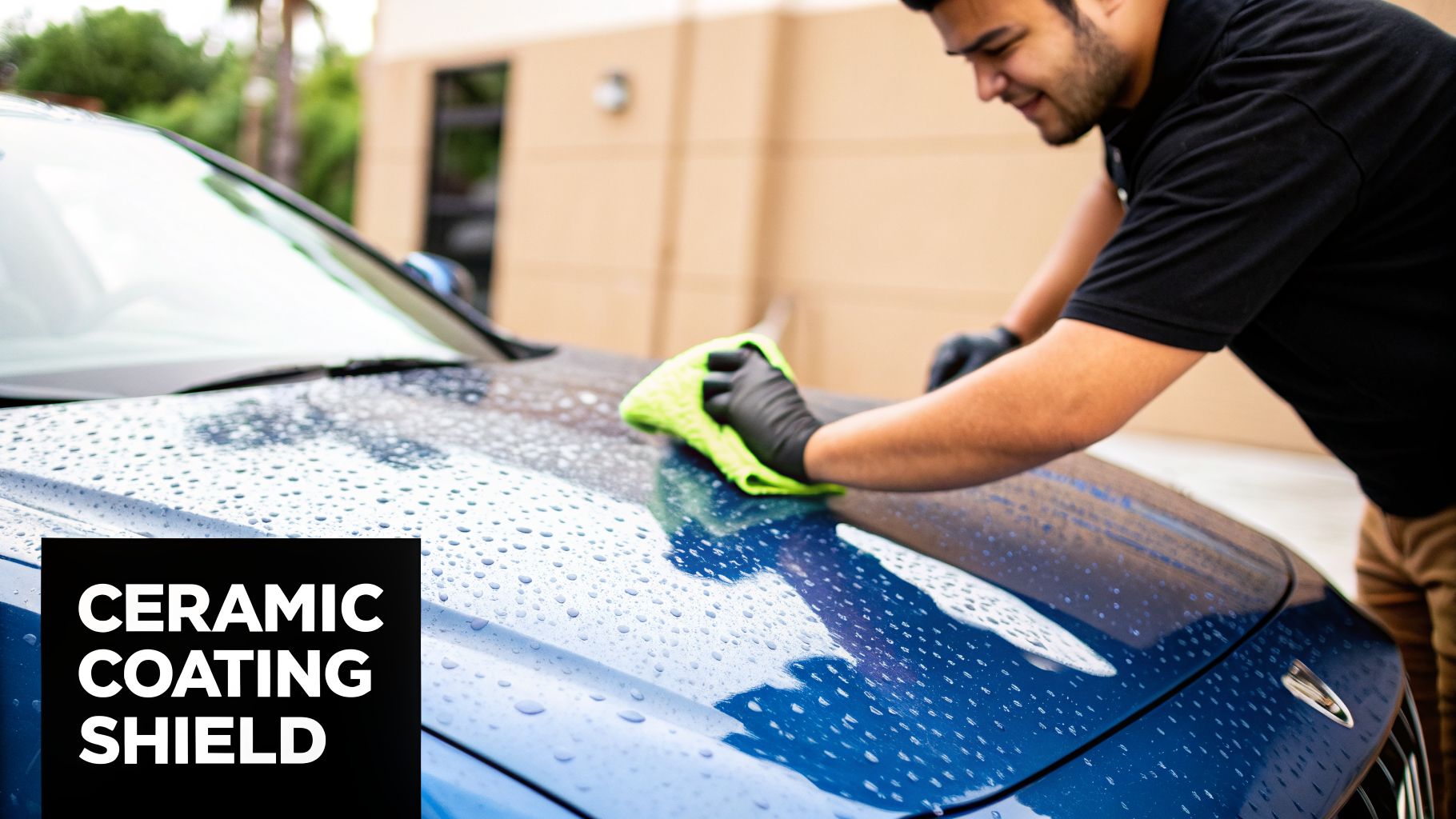 Man in black gloves applies ceramic coating, wiping water droplets from a blue car hood with a green cloth.