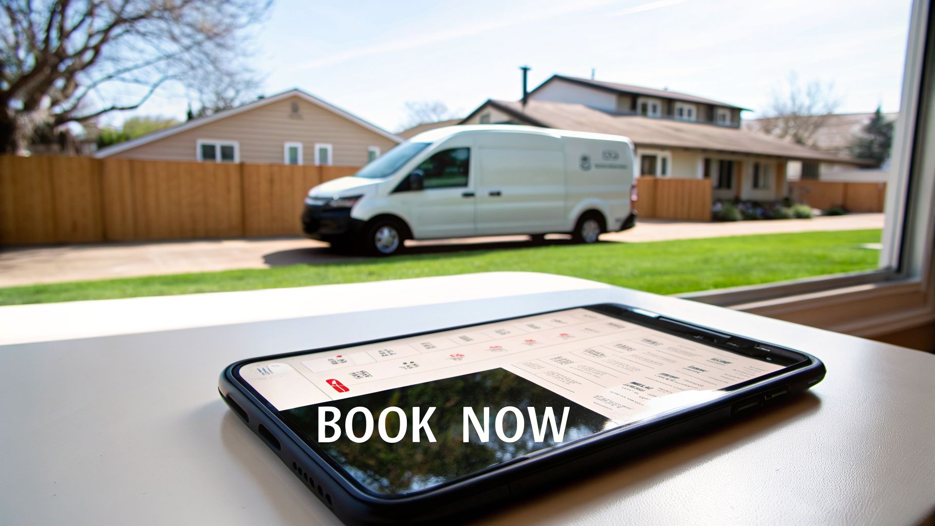 A smartphone displaying 'BOOK NOW' for mobile car detailing, with a white service van outside.