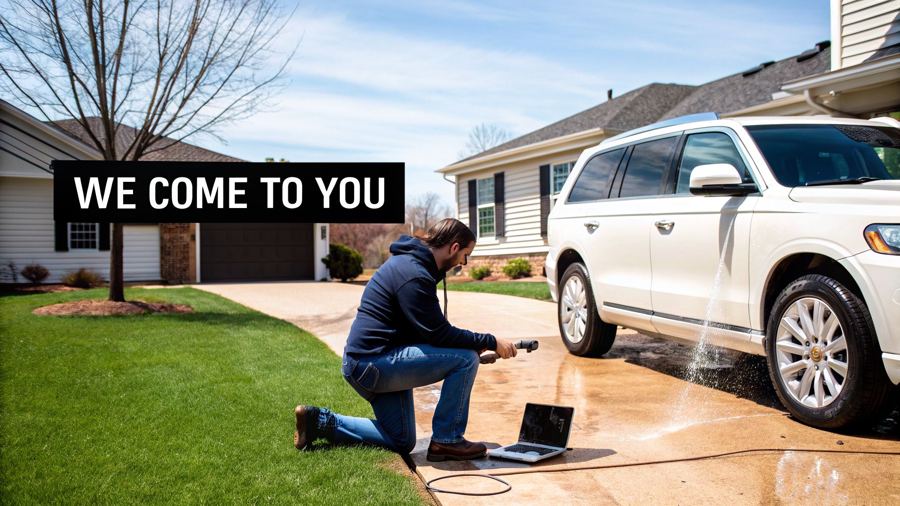 A man kneels on a driveway washing a white SUV, with a laptop nearby, highlighting a mobile car detailing service at a home.