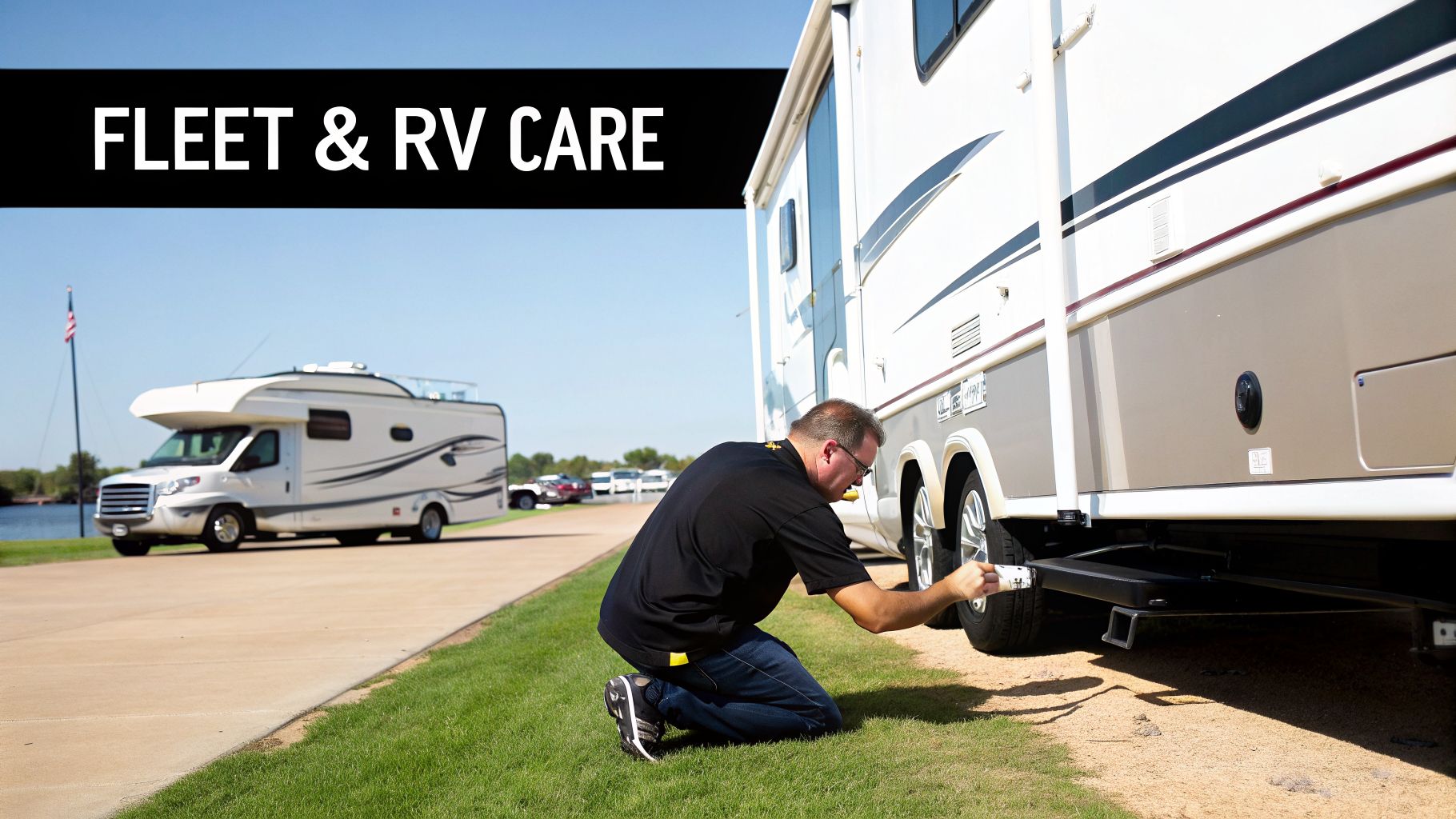 A man kneels on grass, performing maintenance on a white RV, with another RV and 'FLEET & RV CARE' text.