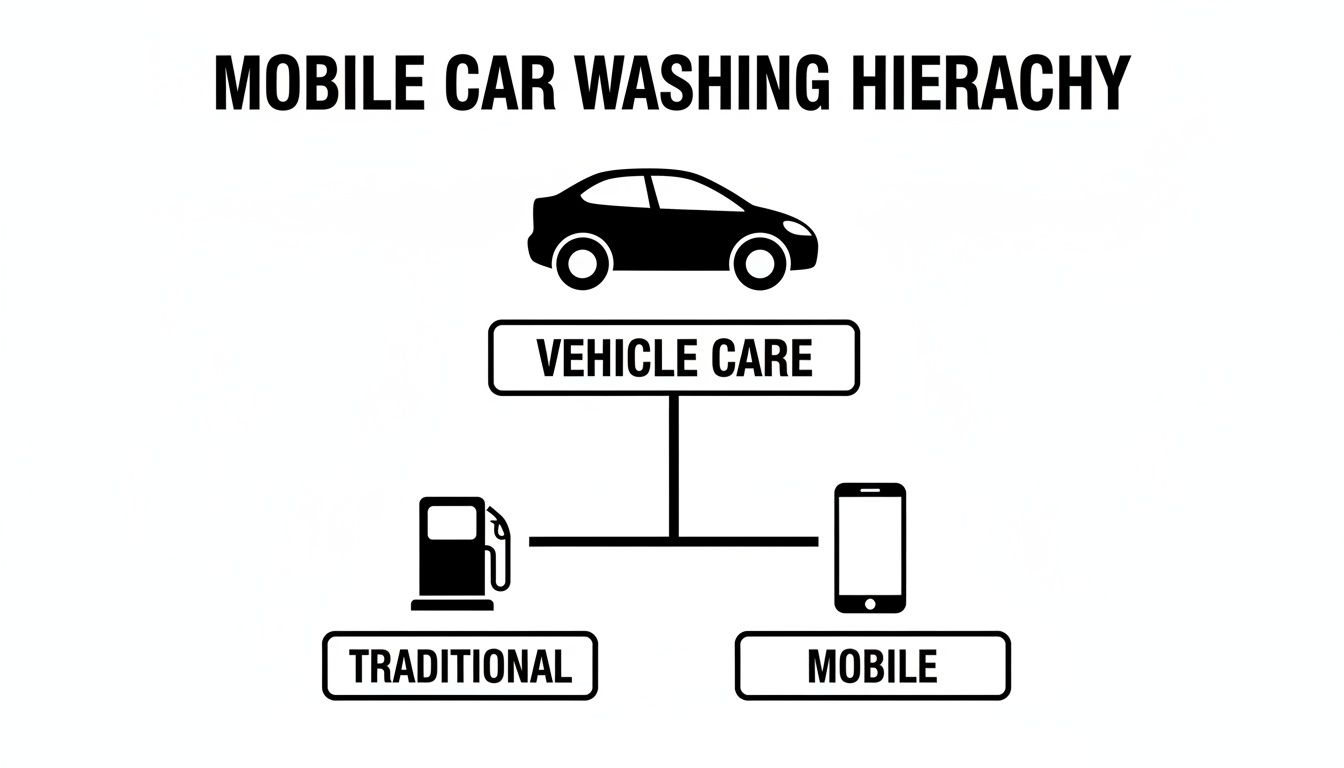 Hierarchy diagram of vehicle care, showing traditional (gas pump) and mobile (smartphone) car washing.