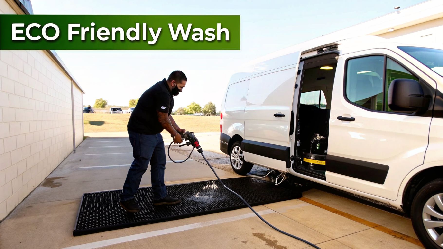 Man performing an eco-friendly mobile van wash using a pressure washer on black drainage mats.