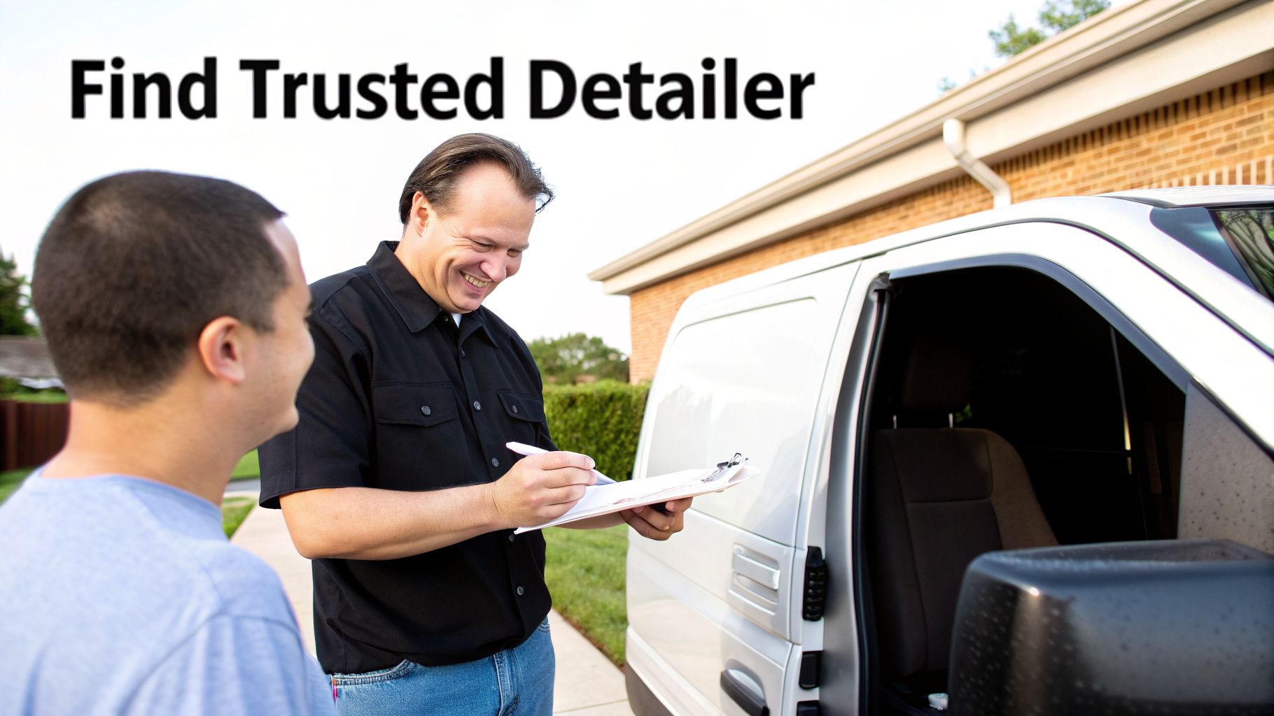 A smiling mobile car detailer with a clipboard talks to a customer next to a white van.