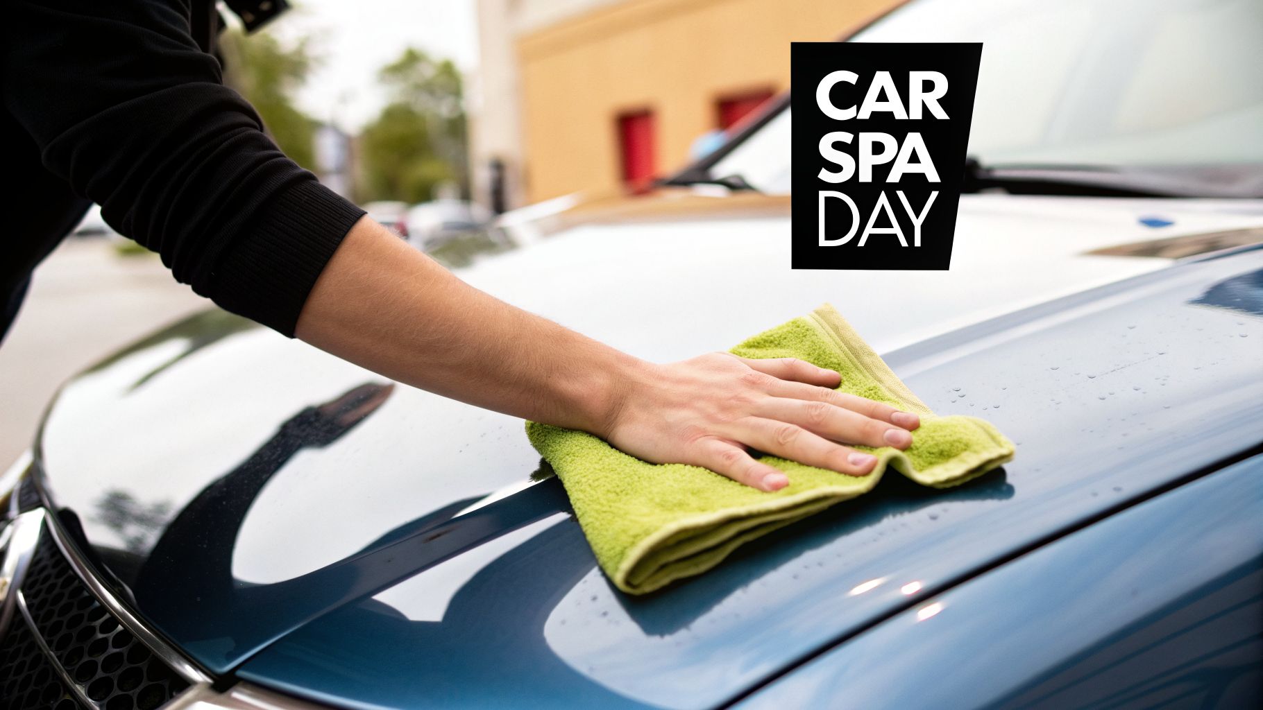 A person's hand wiping water droplets from a blue car hood with a green microfiber towel.