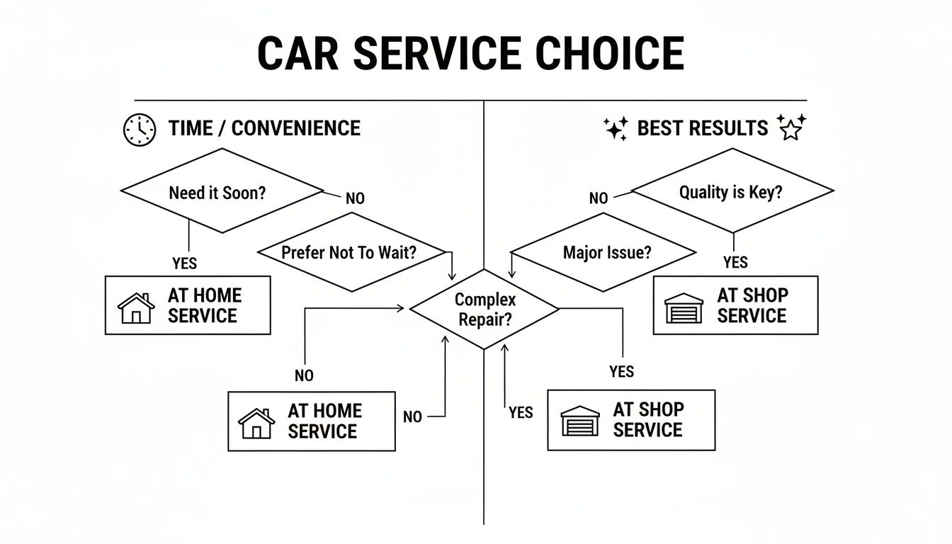 A flowchart illustrating car service choices, guiding decisions between at-home and at-shop options based on convenience and repair complexity.
