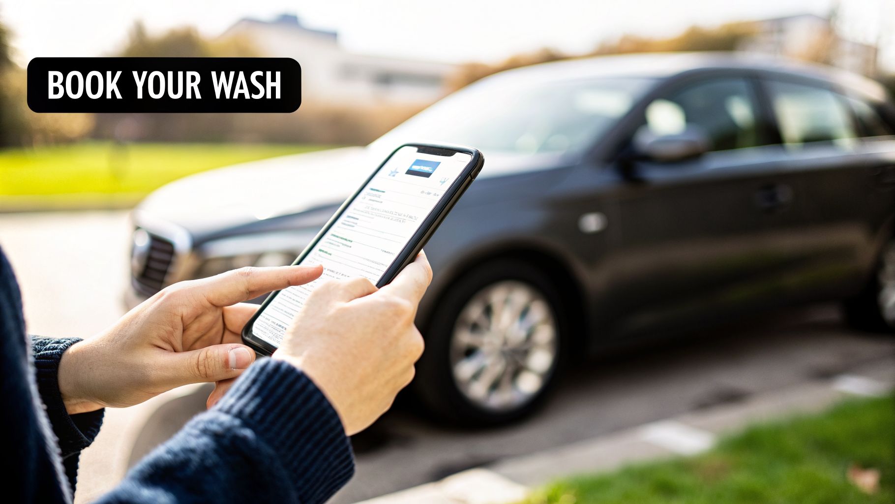 Close-up of hands using a smartphone app to book a car wash, with a blurred car in background.
