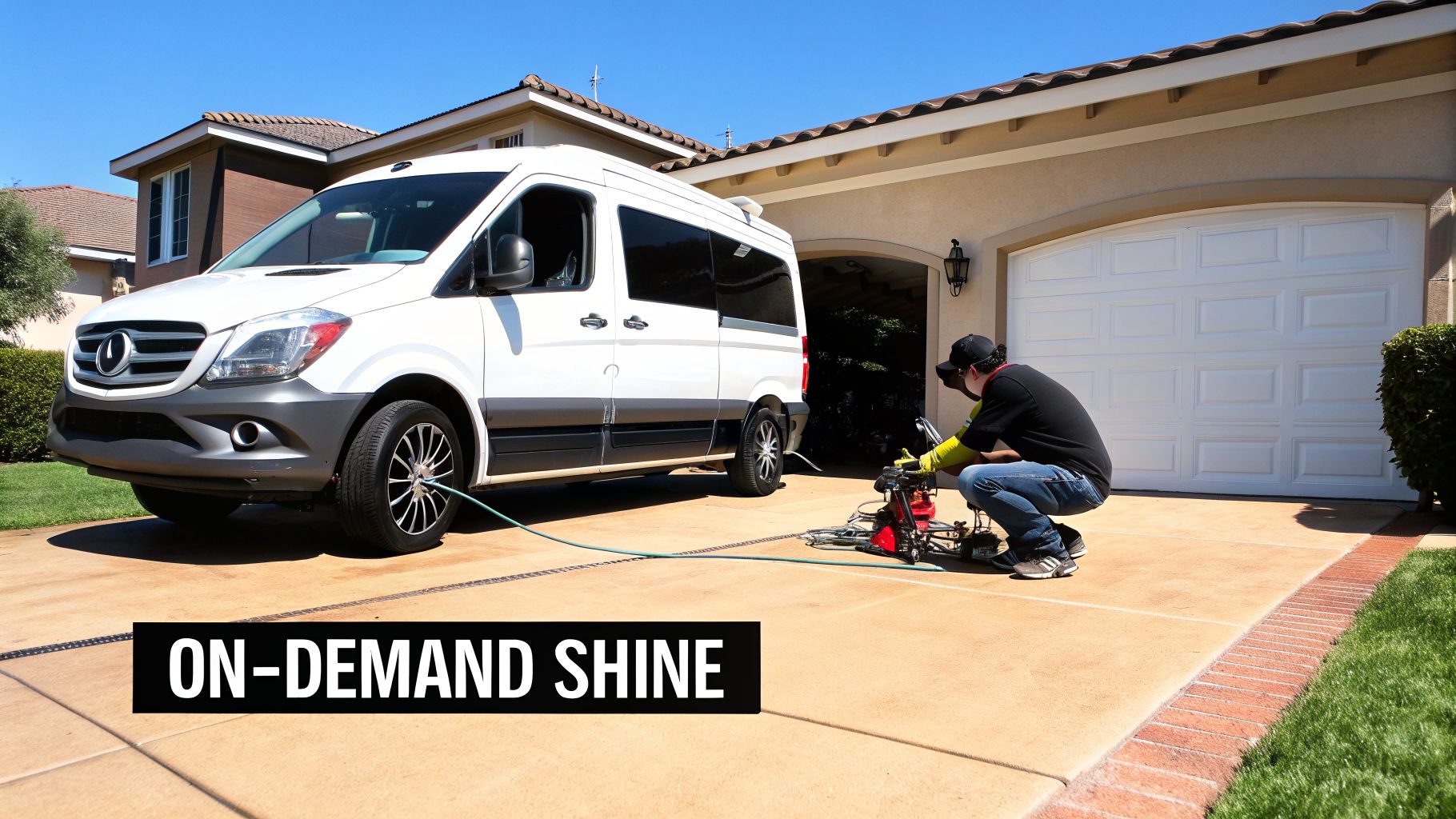 A mobile car detailing service technician sets up equipment next to a white van on a residential driveway for an on-demand shine.