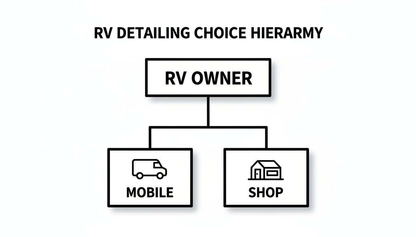Flowchart illustrating RV owner's choices for detailing services: mobile or shop-based options.
