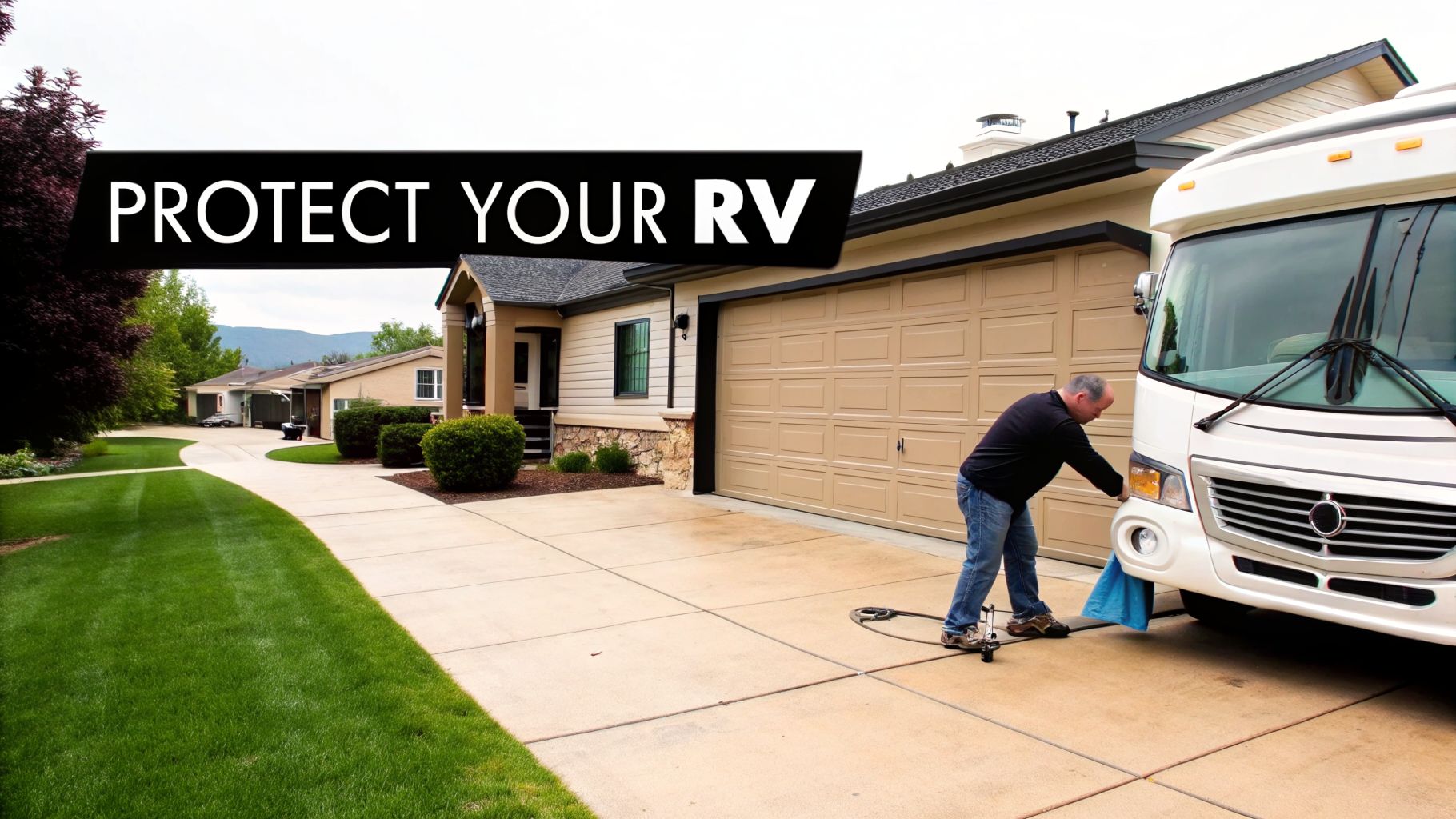 Man cleaning a large white RV motorhome in a suburban driveway beside a house with a garage.