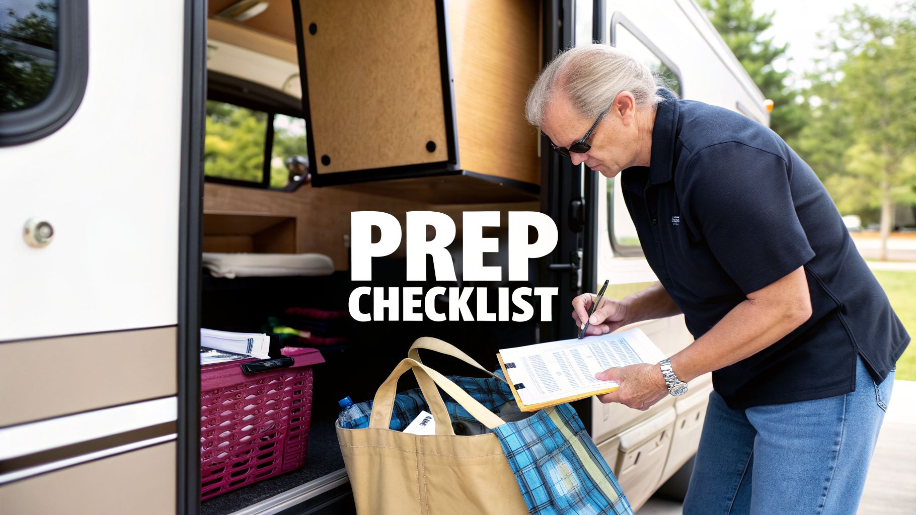 Man checking a checklist by an open RV door with packed items, preparing to depart.