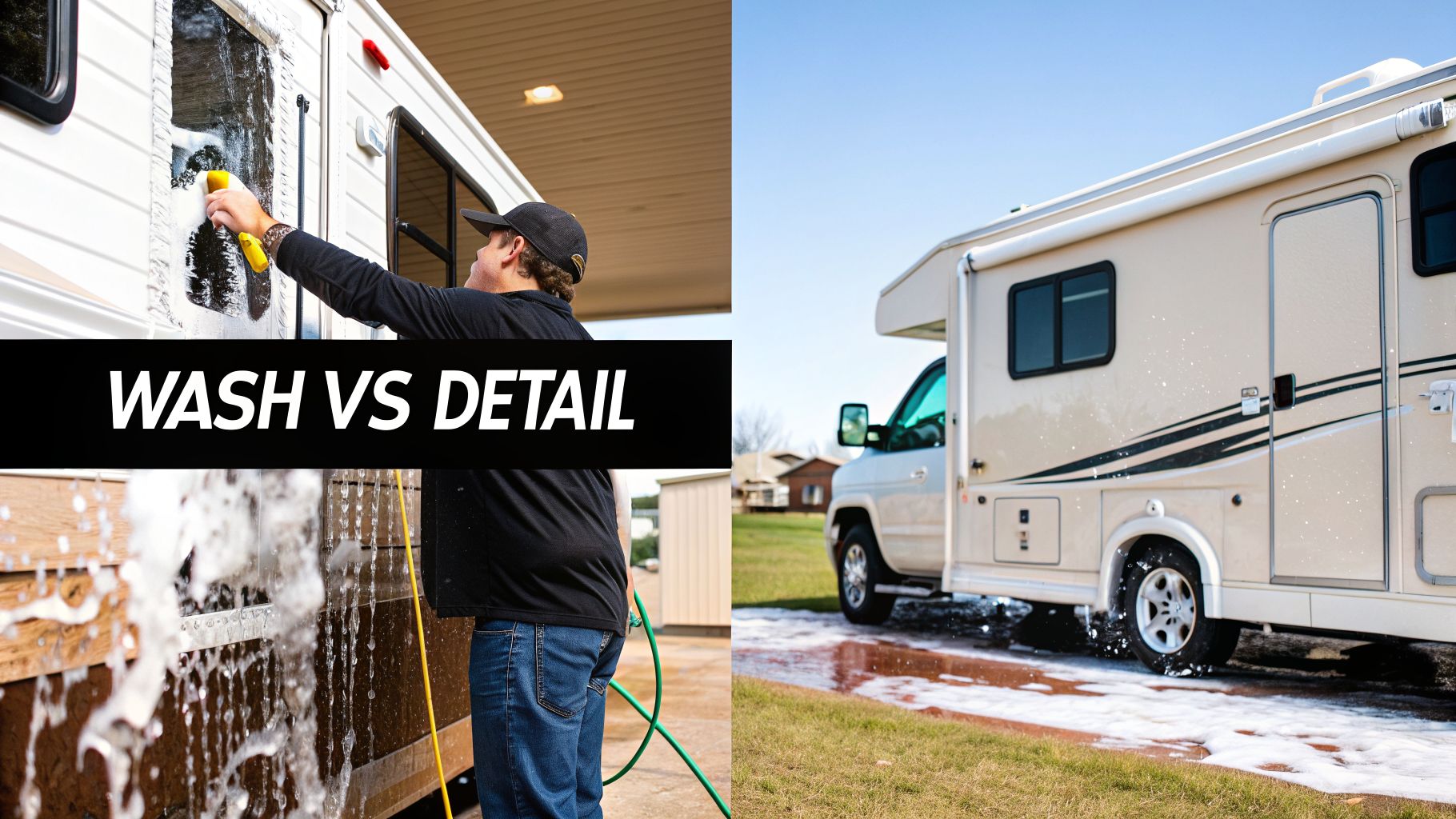 Person washing an RV with soap and a brush, contrasting with a clean RV, illustrating 'WASH VS DETAIL'.