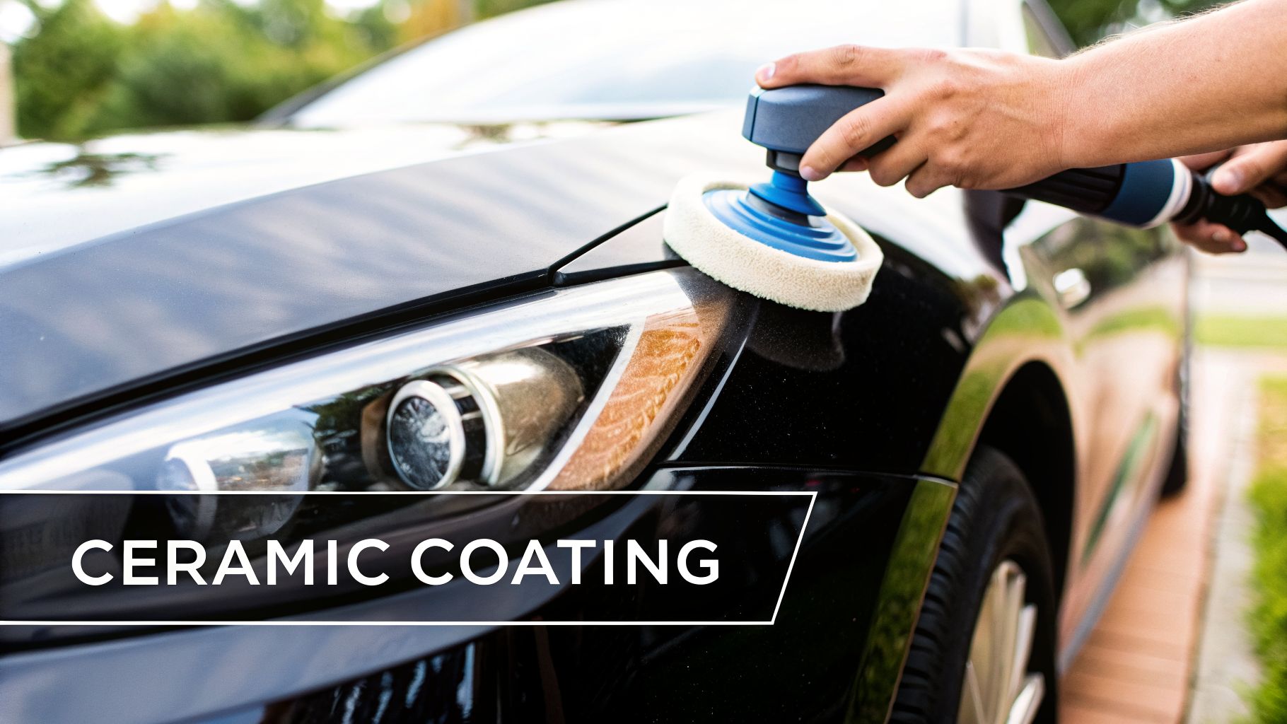 A person applies ceramic coating to a black car's hood using a polishing machine.