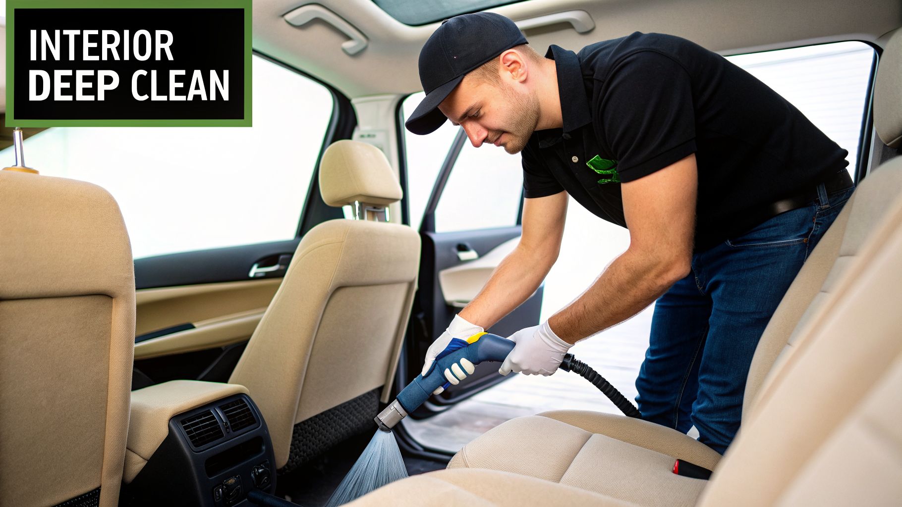 Professional car detailing worker performing an interior deep clean on a beige car.