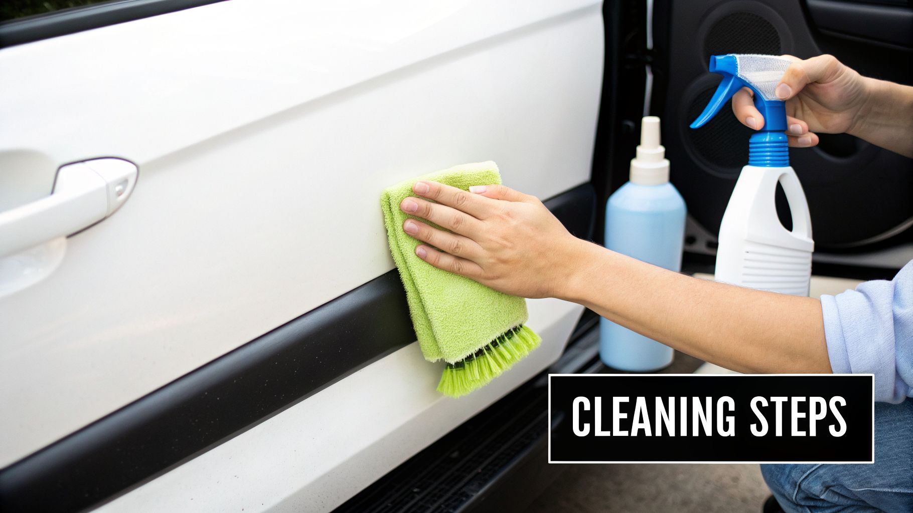A person's hand meticulously cleaning the side of a white car with a green microfiber towel.