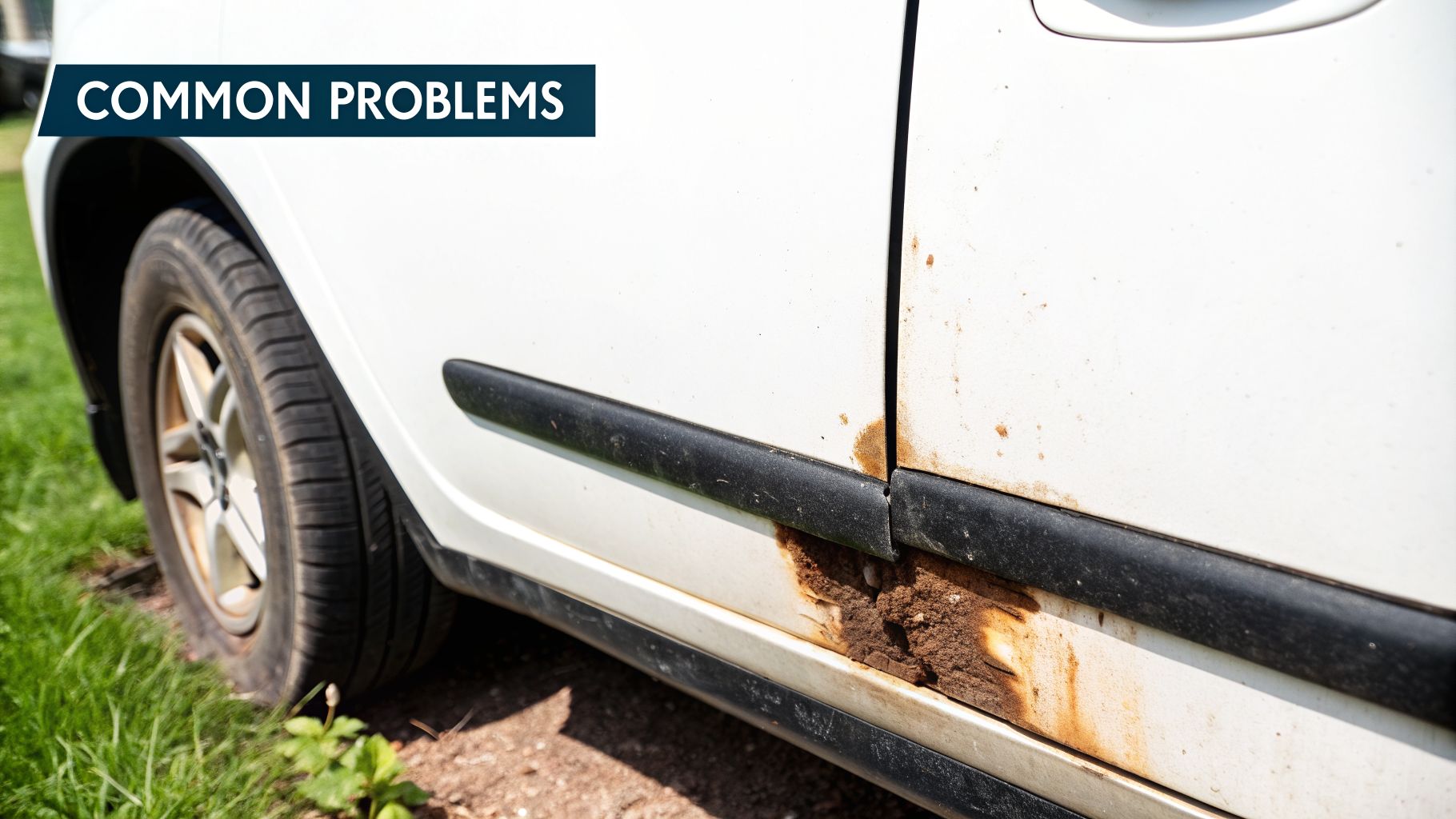 Close-up of severe rust and corrosion on the lower door and fender of a white car.