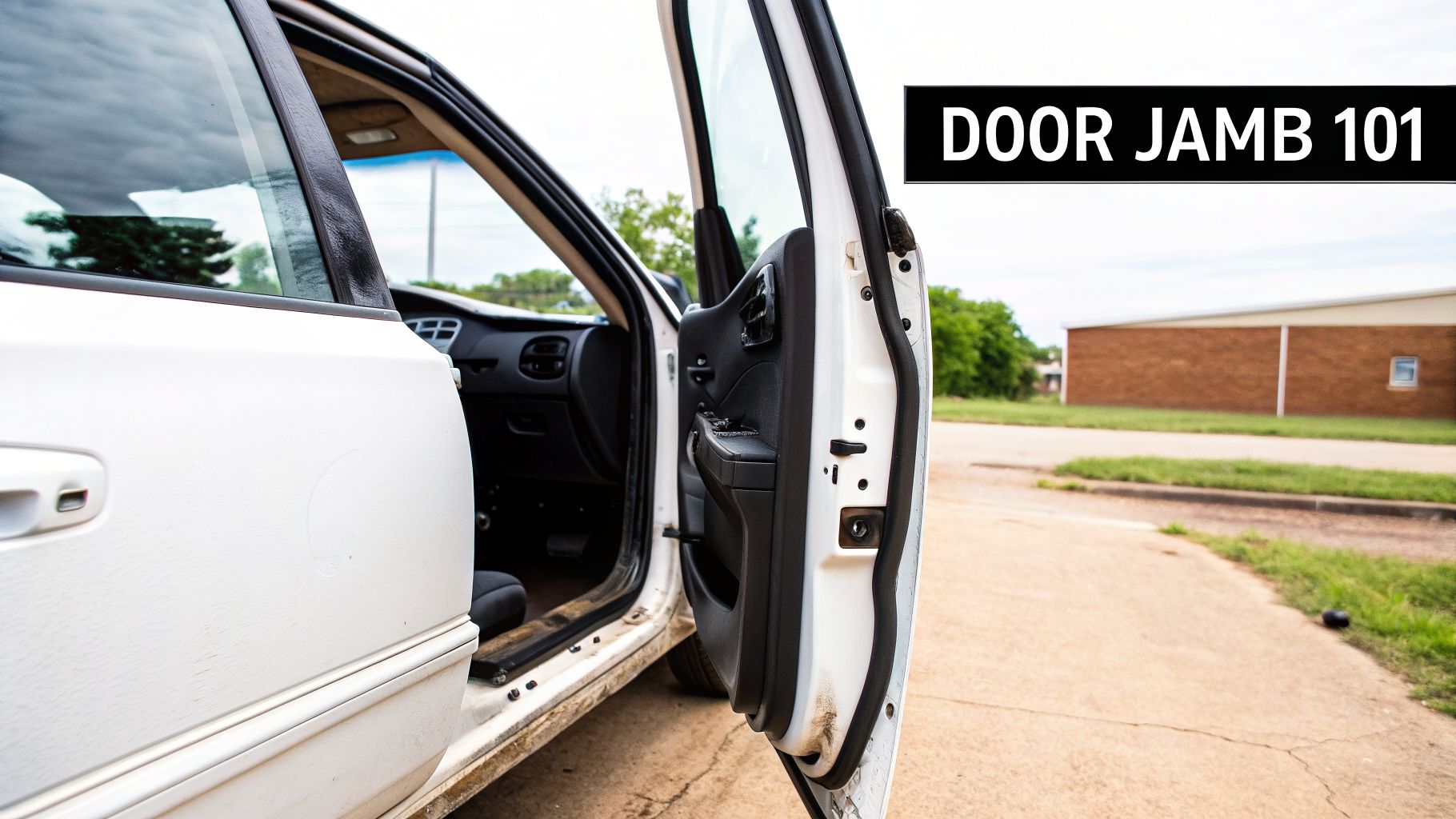 Open white car door revealing the door jamb, interior, and a 'DOOR JAMB 101' banner.