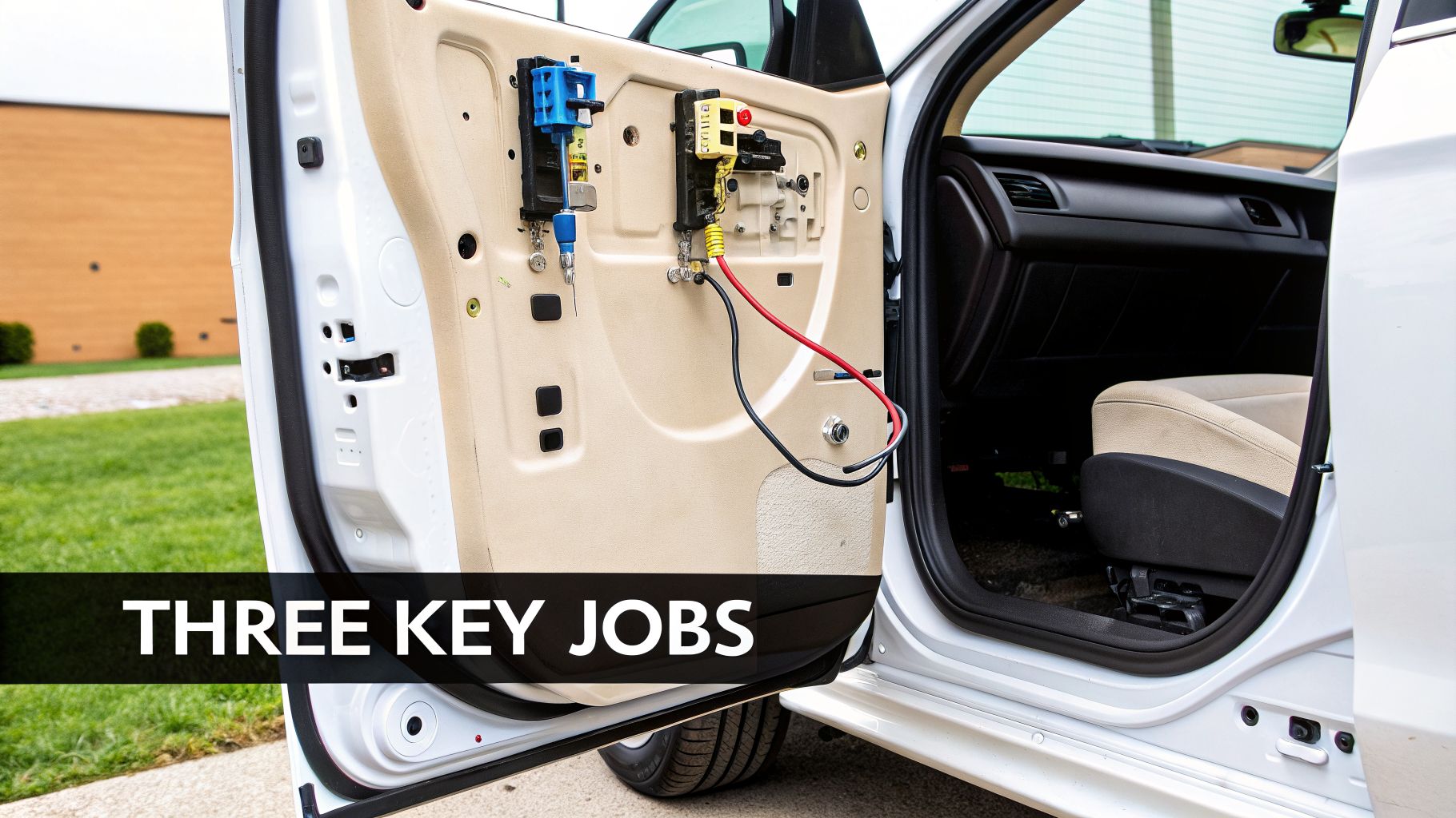 Inside an open car door with the panel off, revealing electrical components and wires for maintenance.