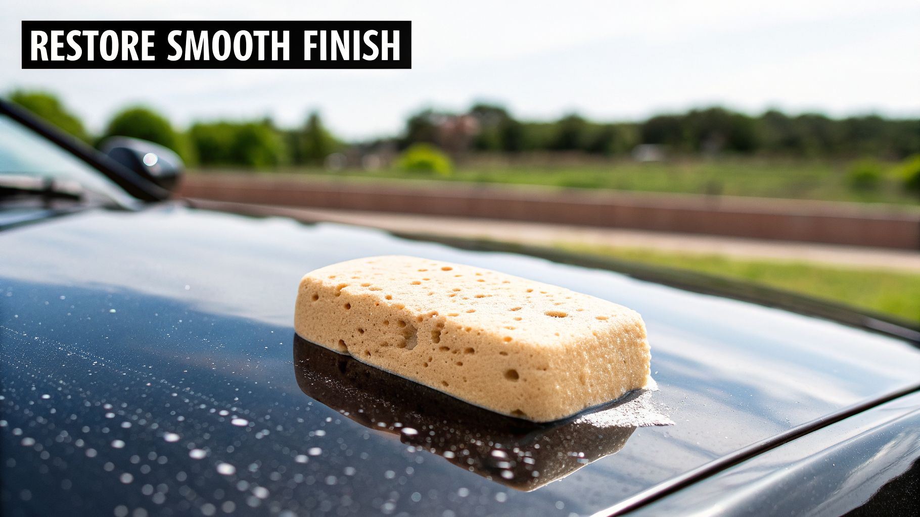 A beige car wash sponge with suds rests on a glossy black car hood, suggesting detailing.