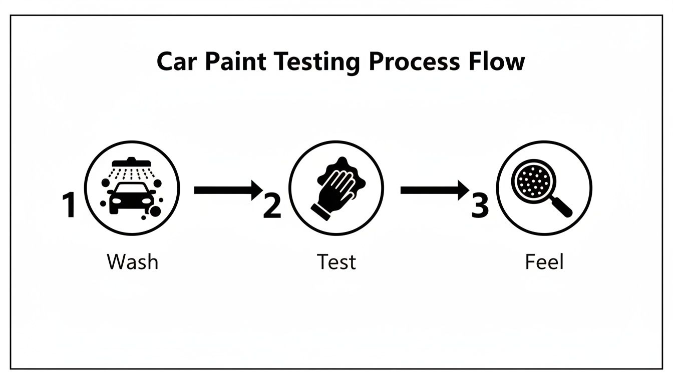 A car paint testing process flow diagram showing three steps: wash, test, and feel.