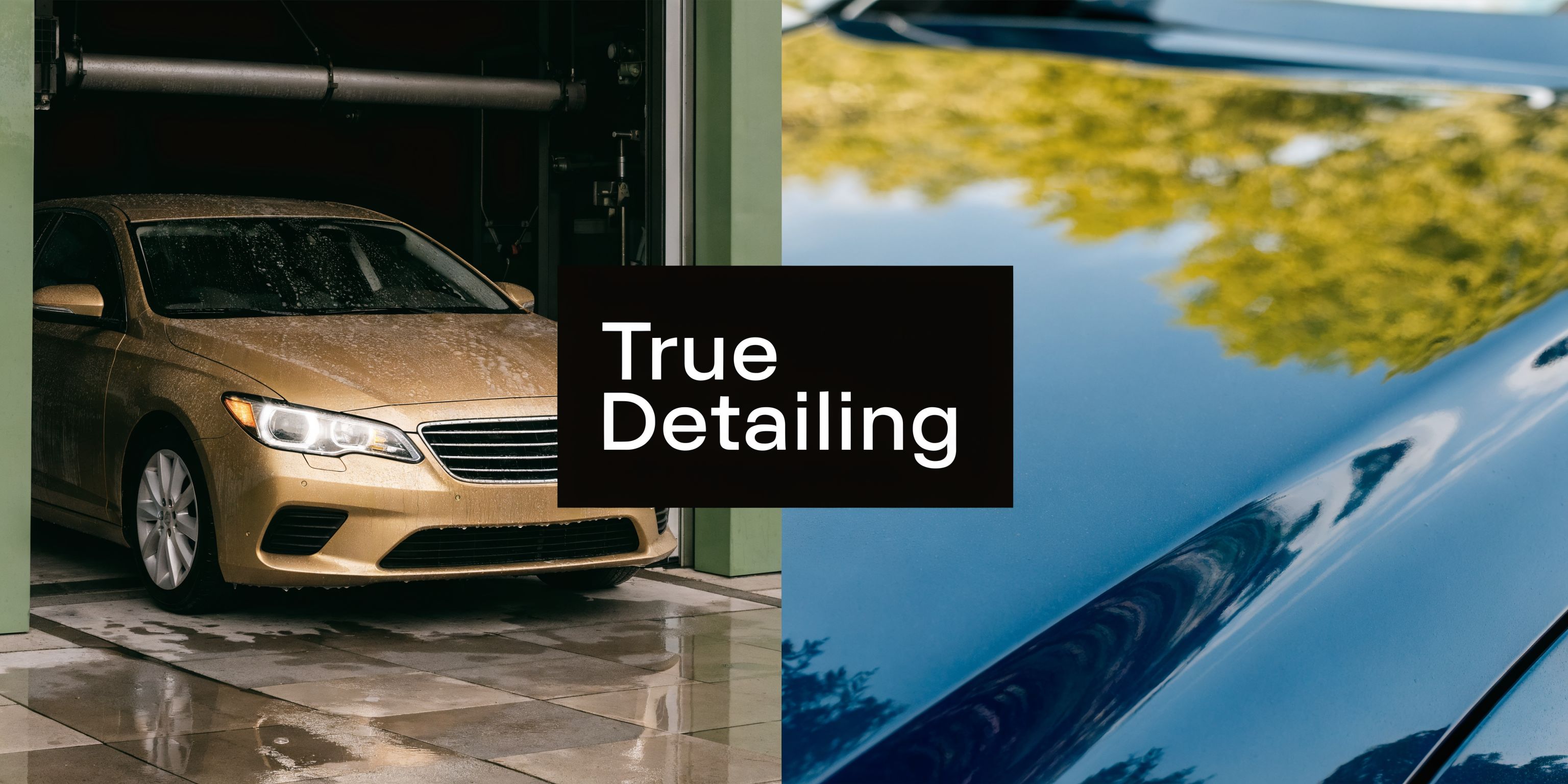 A split-screen image showing a golden car in a wash bay and the shiny blue surface of a vehicle.