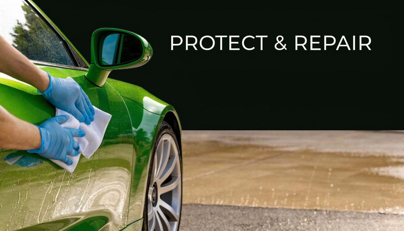 A person wearing blue gloves wiping a green sports car with a white cloth to remove damage.