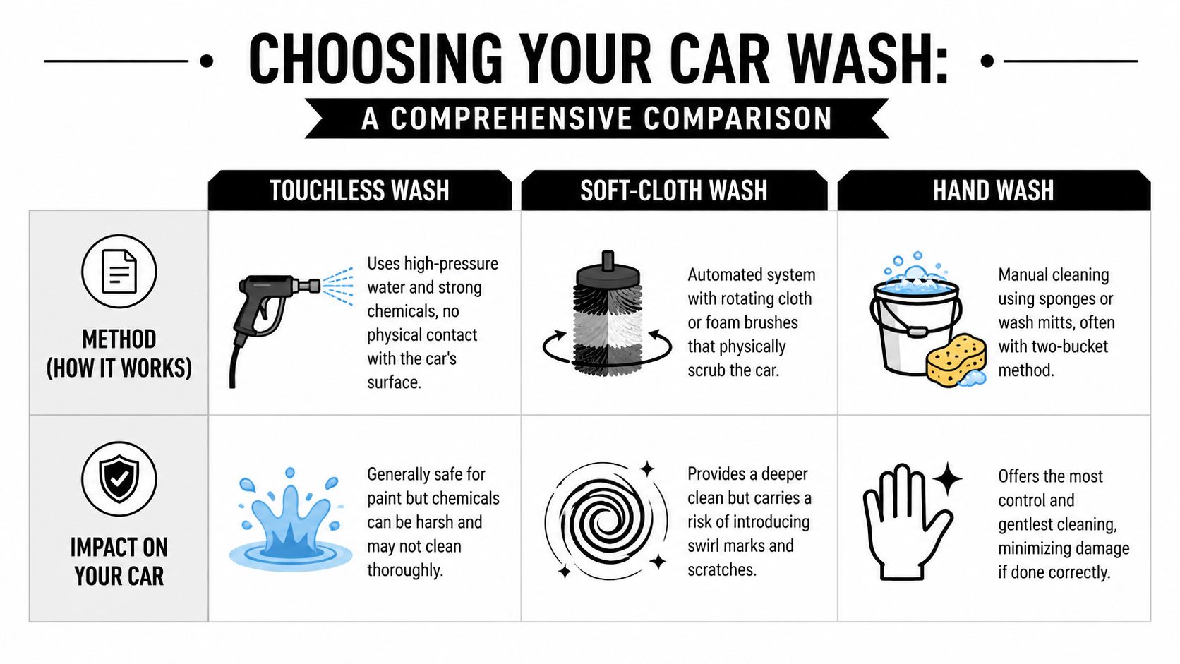 A comparison chart outlining the methods and paint impact of touchless, soft-cloth, and hand car washes.