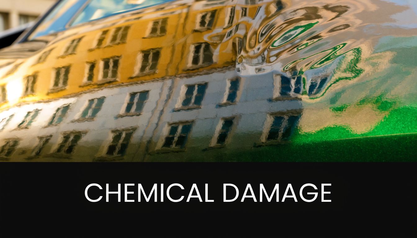 A close-up view of a car hood showing severe paint swirl marks and chemical damage patterns.