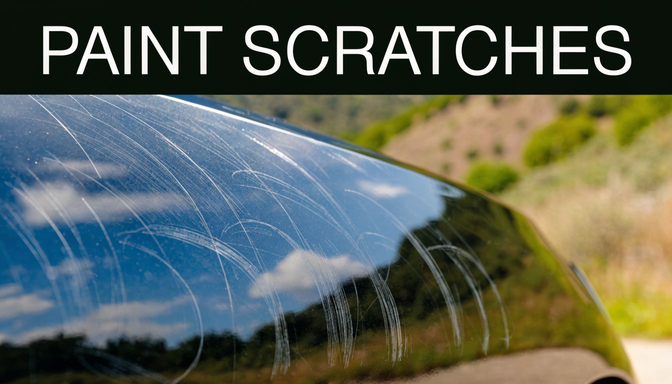 A close-up view showing circular swirl marks and surface scratches on a dark blue car hood.