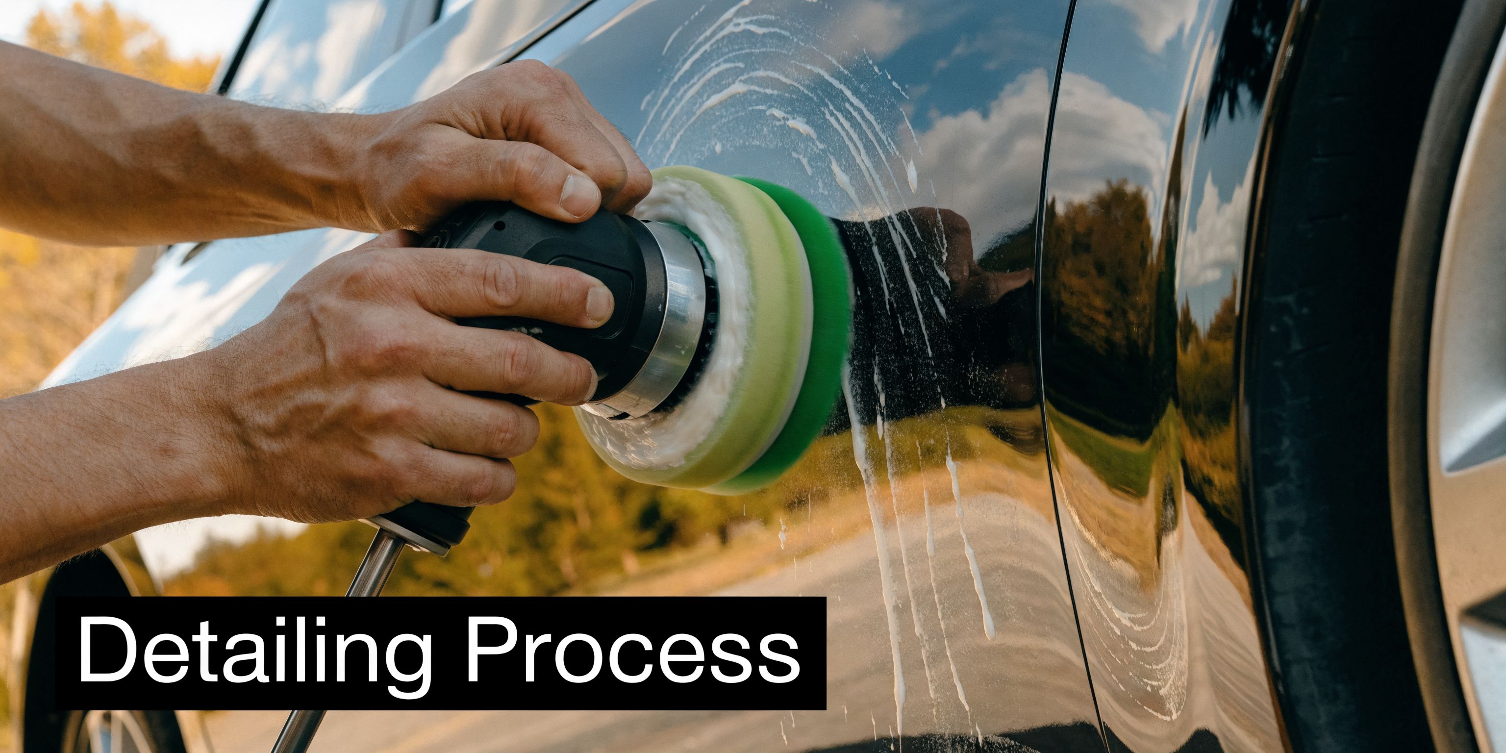 A professional car detailer uses a motorized polishing machine to buff and shine a black vehicle door.