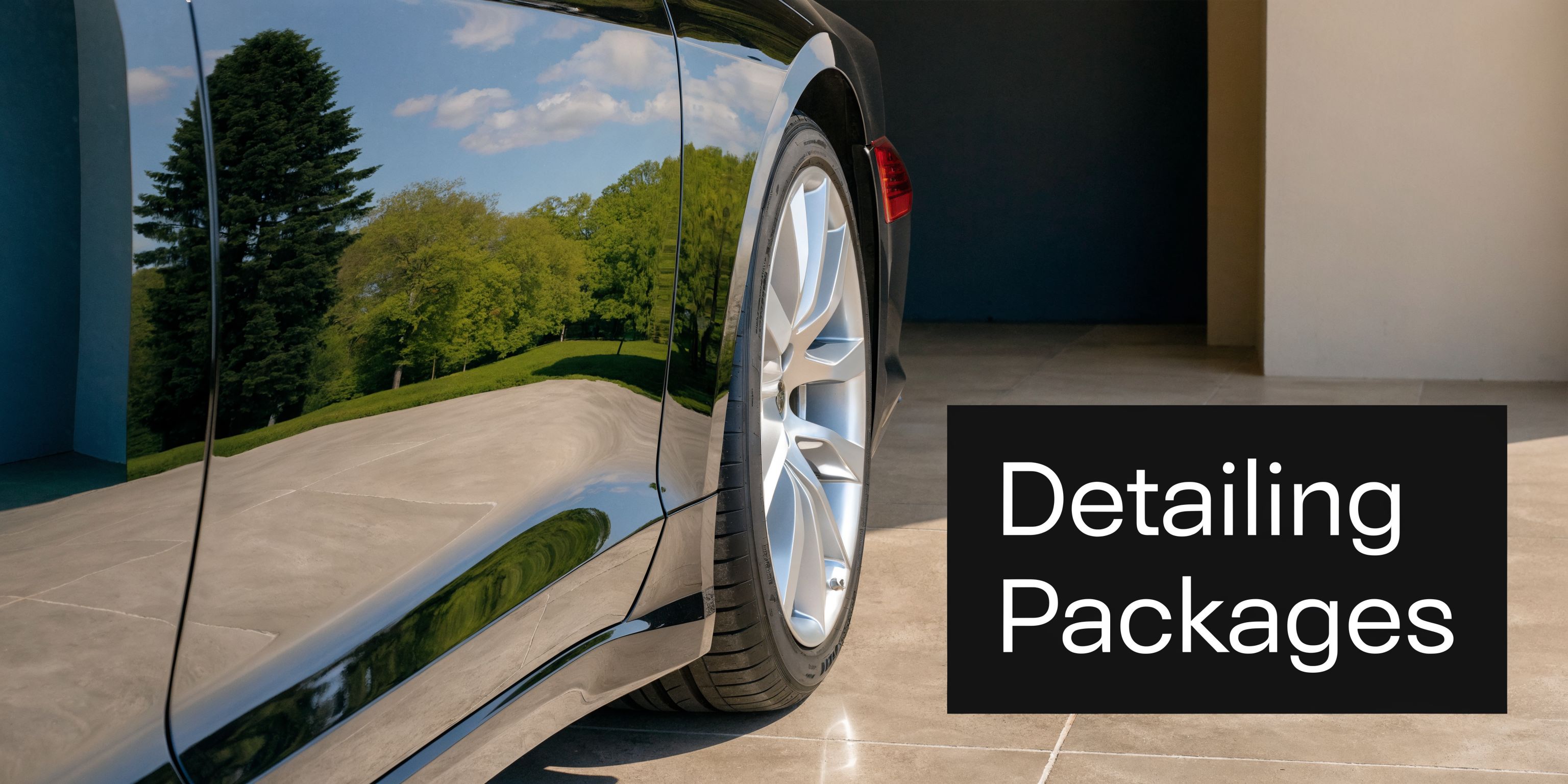 Close-up of a polished black car side panel reflecting trees and a clear blue sky