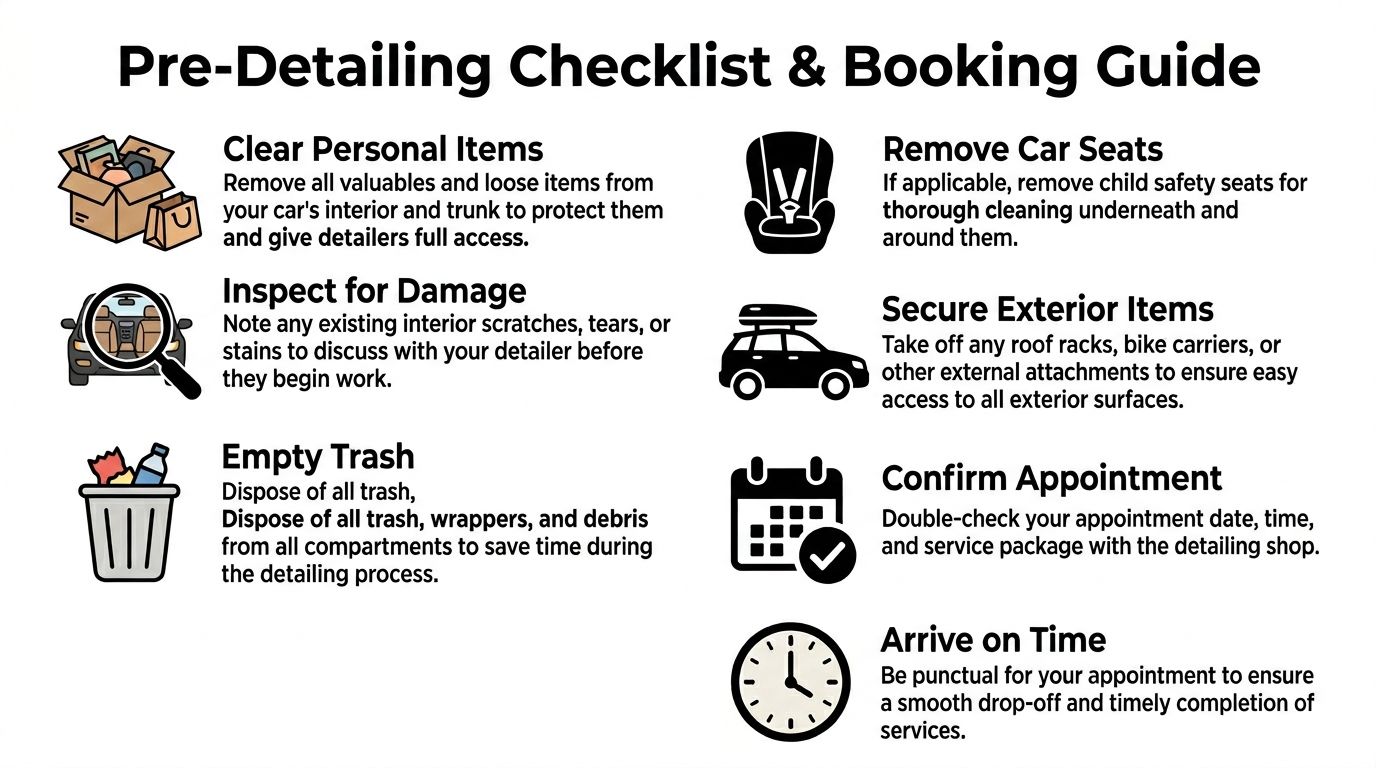 A helpful checklist graphic showing seven preparation steps to complete before taking your car for detailing.
