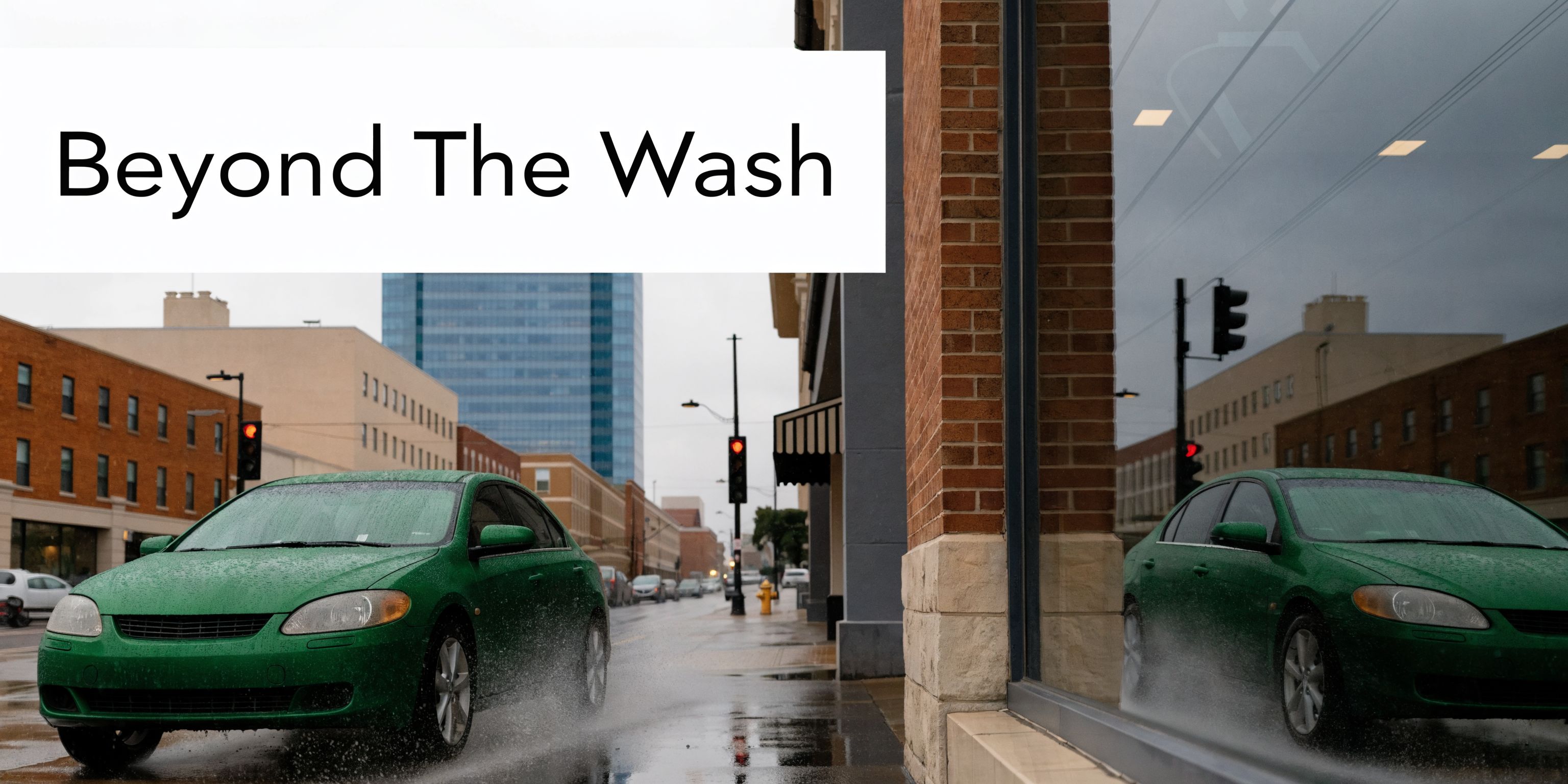 A green car driving through a puddle on a city street, reflected in a large glass window.