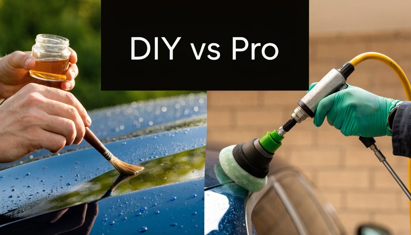 A split screen comparing DIY car ceramic coating application with a brush versus professional power polishing equipment.