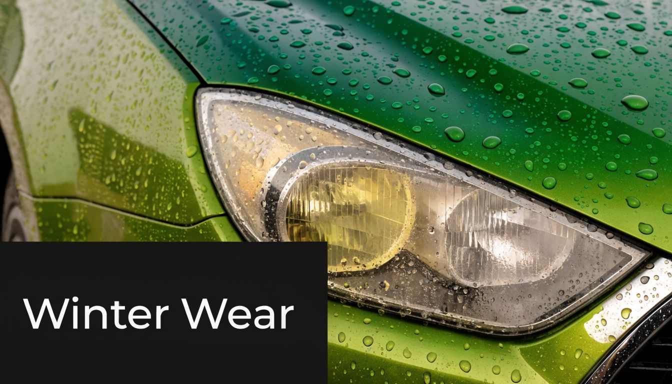 A close-up view of a green car headlight covered in rain droplets with text Winter Wear.