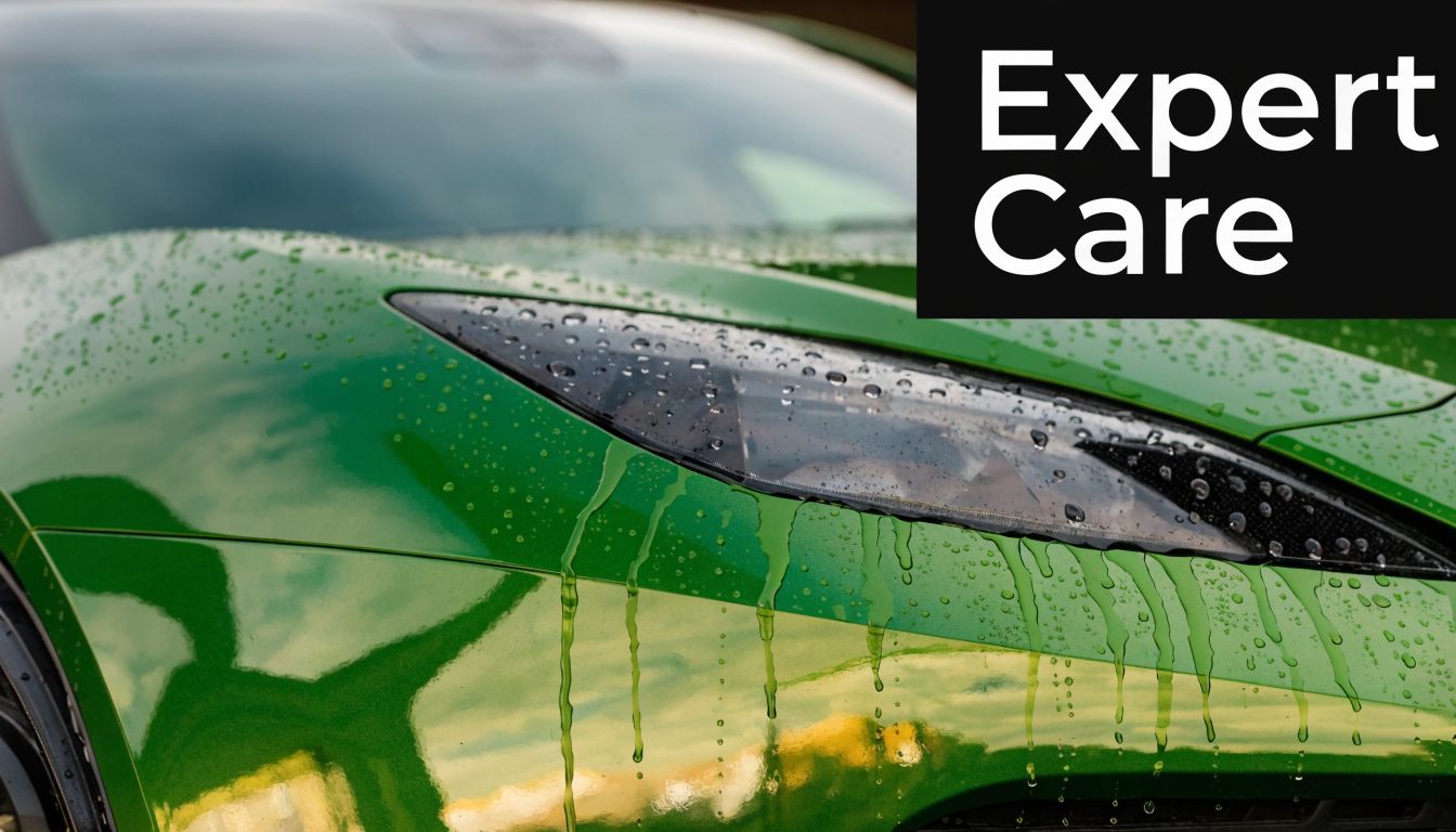 A close-up view of a green sports car hood with rain droplets and text Expert Care.