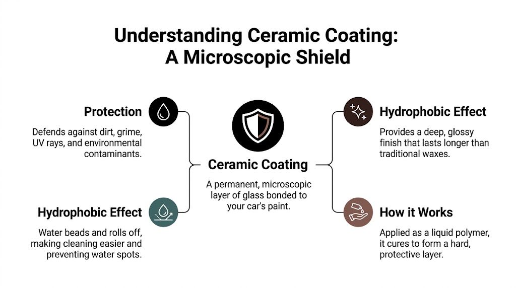 An infographic titled Understanding Ceramic Coating explaining its protection, hydrophobic benefits, and application as a liquid polymer.