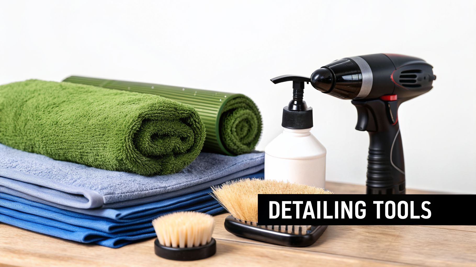 Assortment of car detailing tools including microfiber towels, brushes, spray bottle, and a detailing gun.