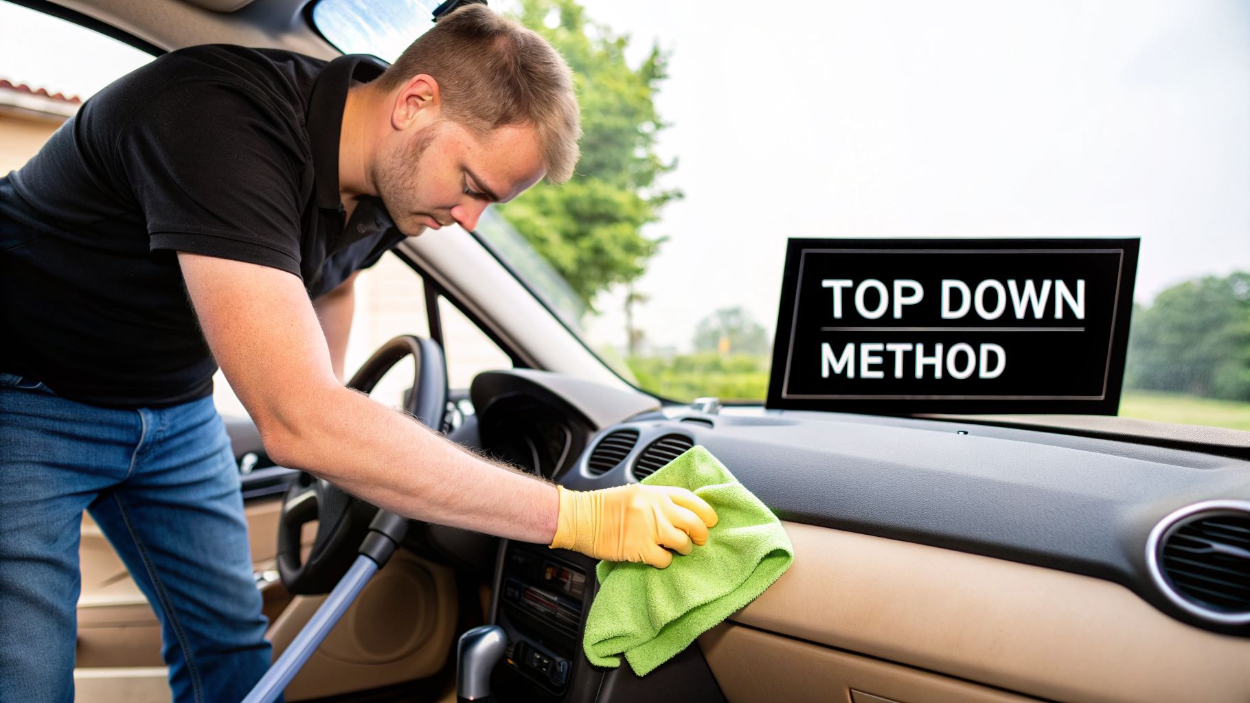 A man wearing yellow gloves diligently cleans a car's dashboard with a green microfiber cloth, showing the 'TOP DOWN METHOD'.