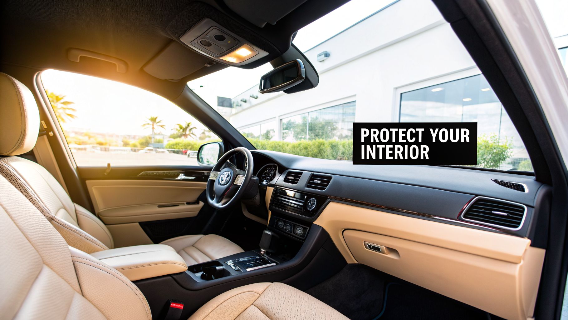 A clean and luxurious car interior with light leather seats, dashboard, and a steering wheel, emphasizing interior protection.