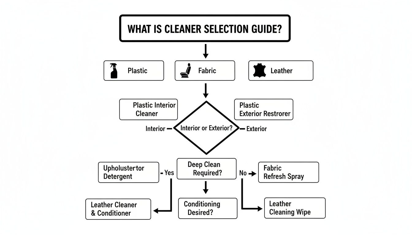 A flowchart guide for selecting cleaning products based on material type and cleaning need for car interiors and exteriors.