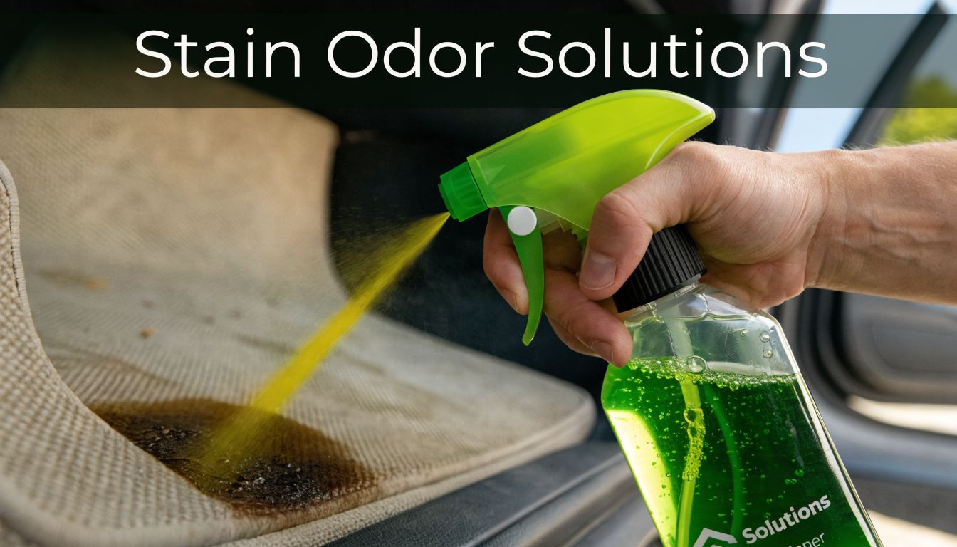 A hand using a spray bottle to clean a dark stain off of a car floor mat.