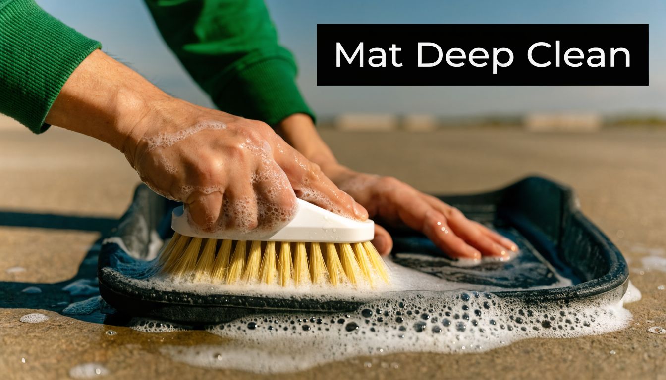 A person using a scrubbing brush and soapy water to perform a deep clean on a car mat.