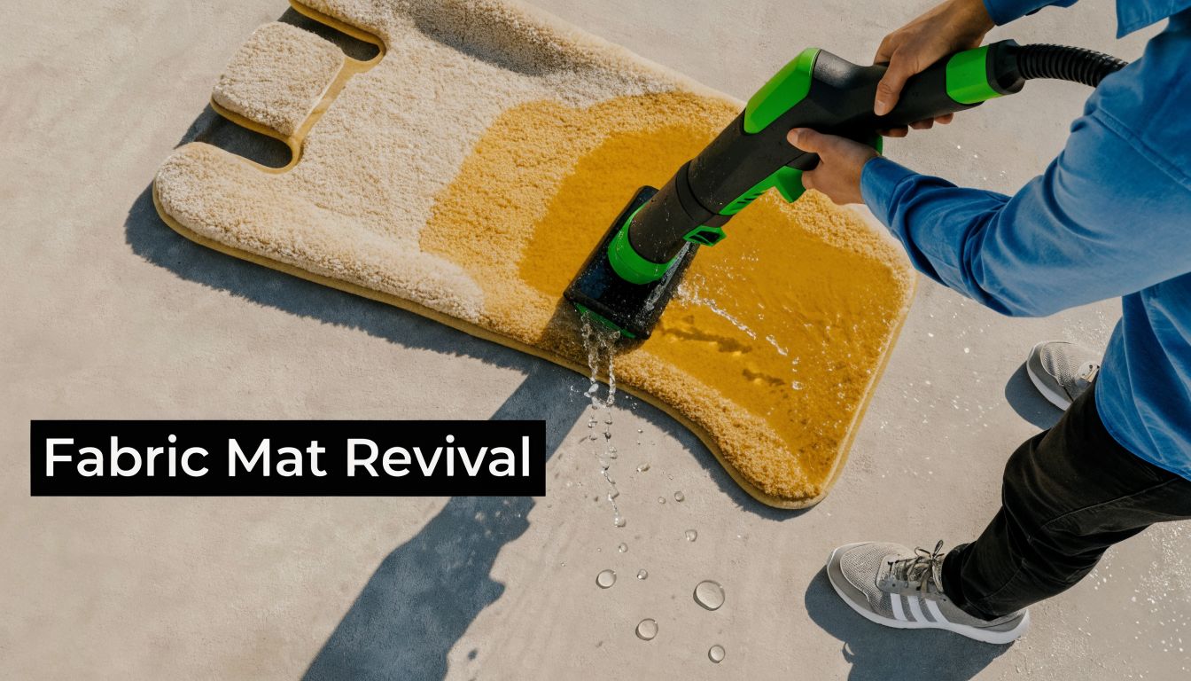 A person using a high-pressure carpet cleaning tool to deep clean a dirty tan fabric floor mat.