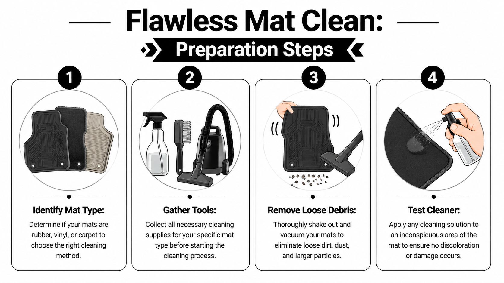 An infographic showing four essential steps for preparing car floor mats for a thorough cleaning process.