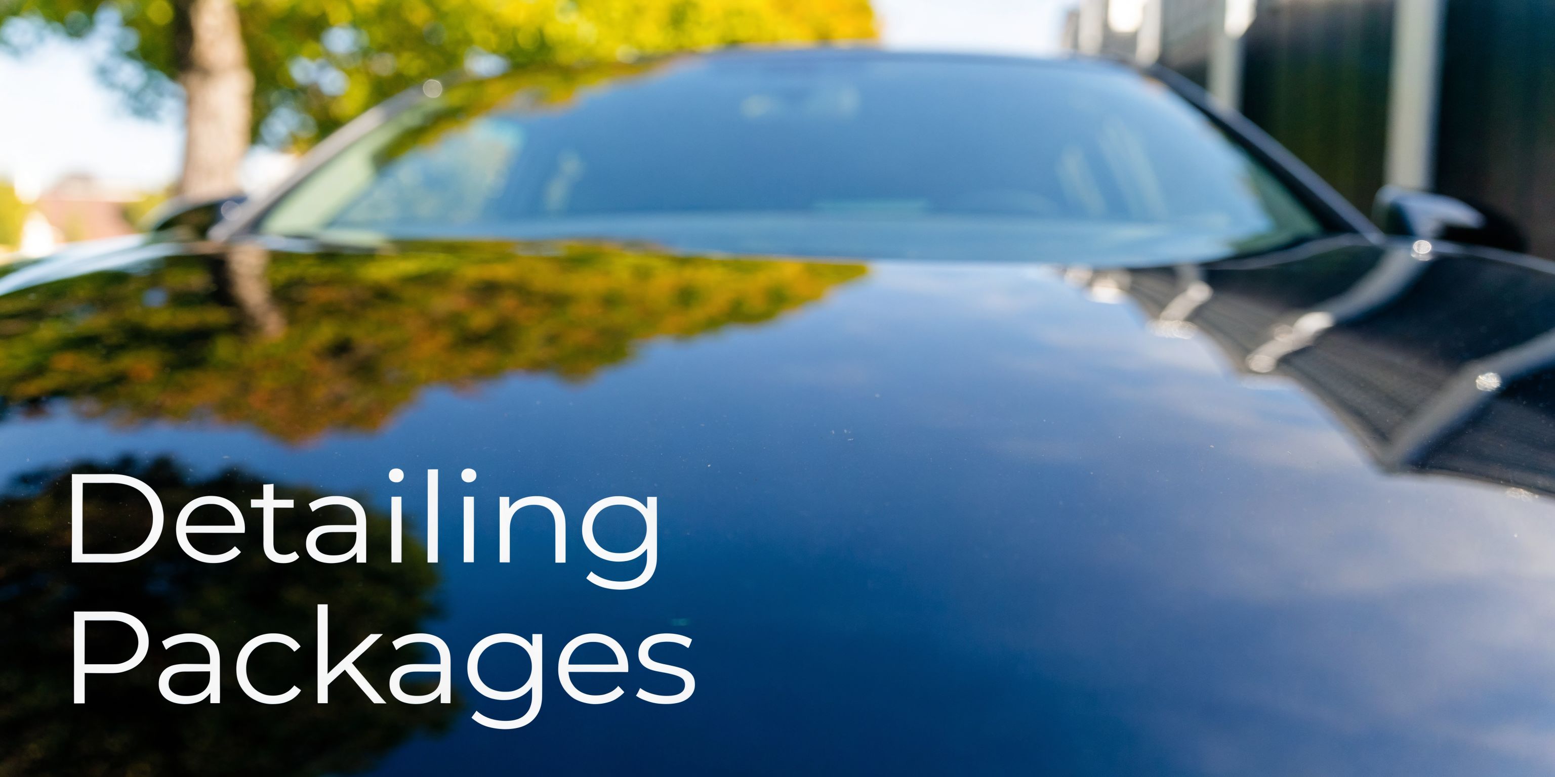 A close-up view of a shiny, clean black car hood reflecting the surrounding trees and buildings.