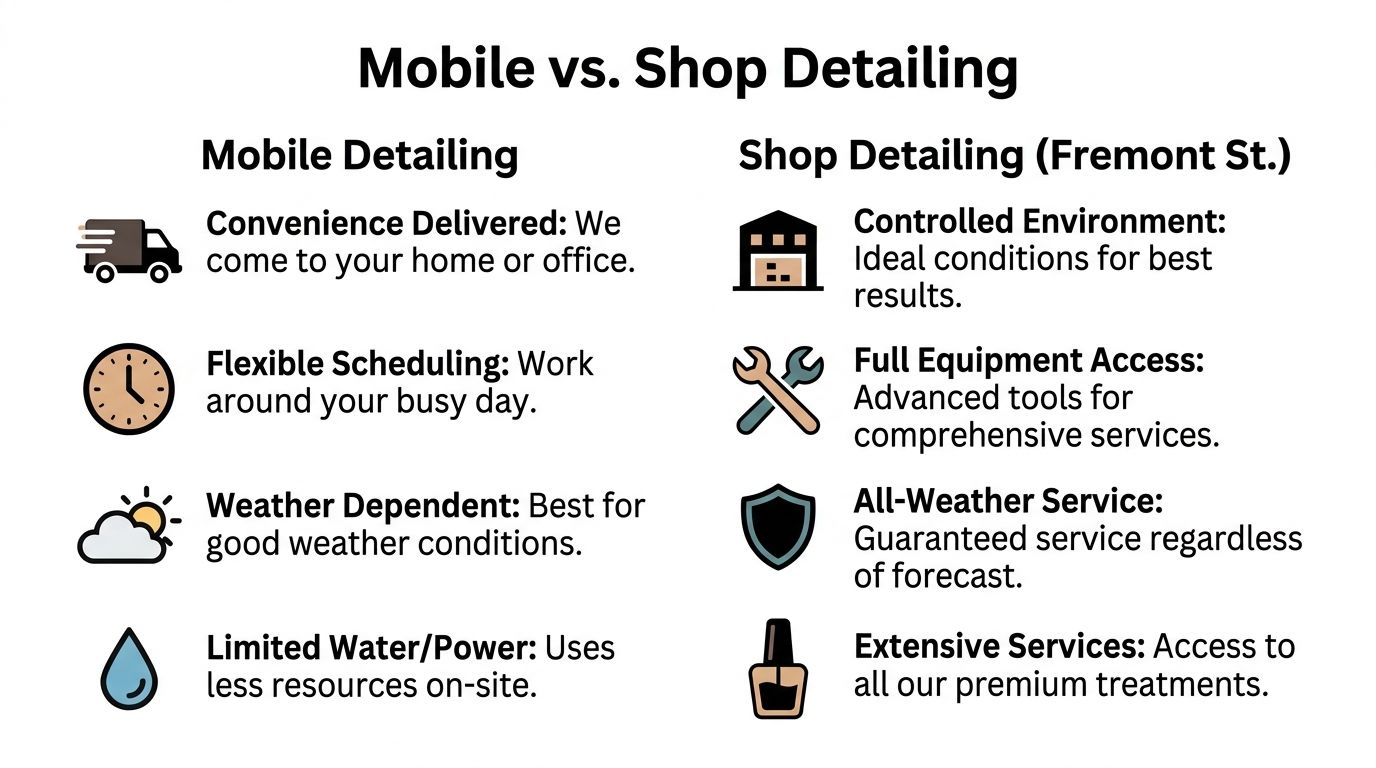 A comparison chart showing the benefits and differences between mobile auto detailing and shop-based car detailing services.
