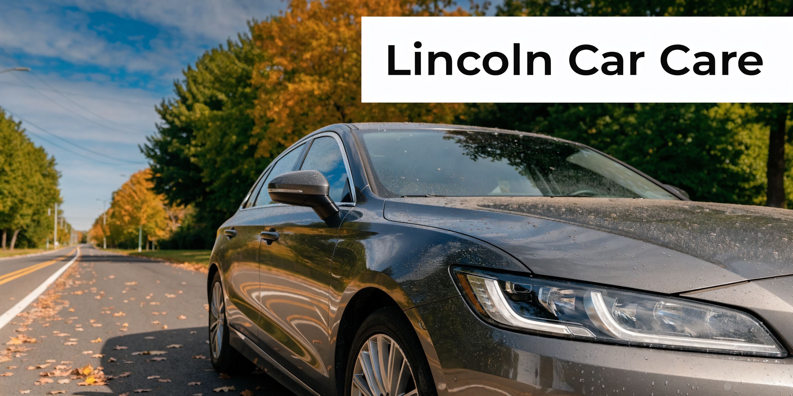 A sleek dark grey car parked on an empty road lined with vibrant autumn trees in fall.