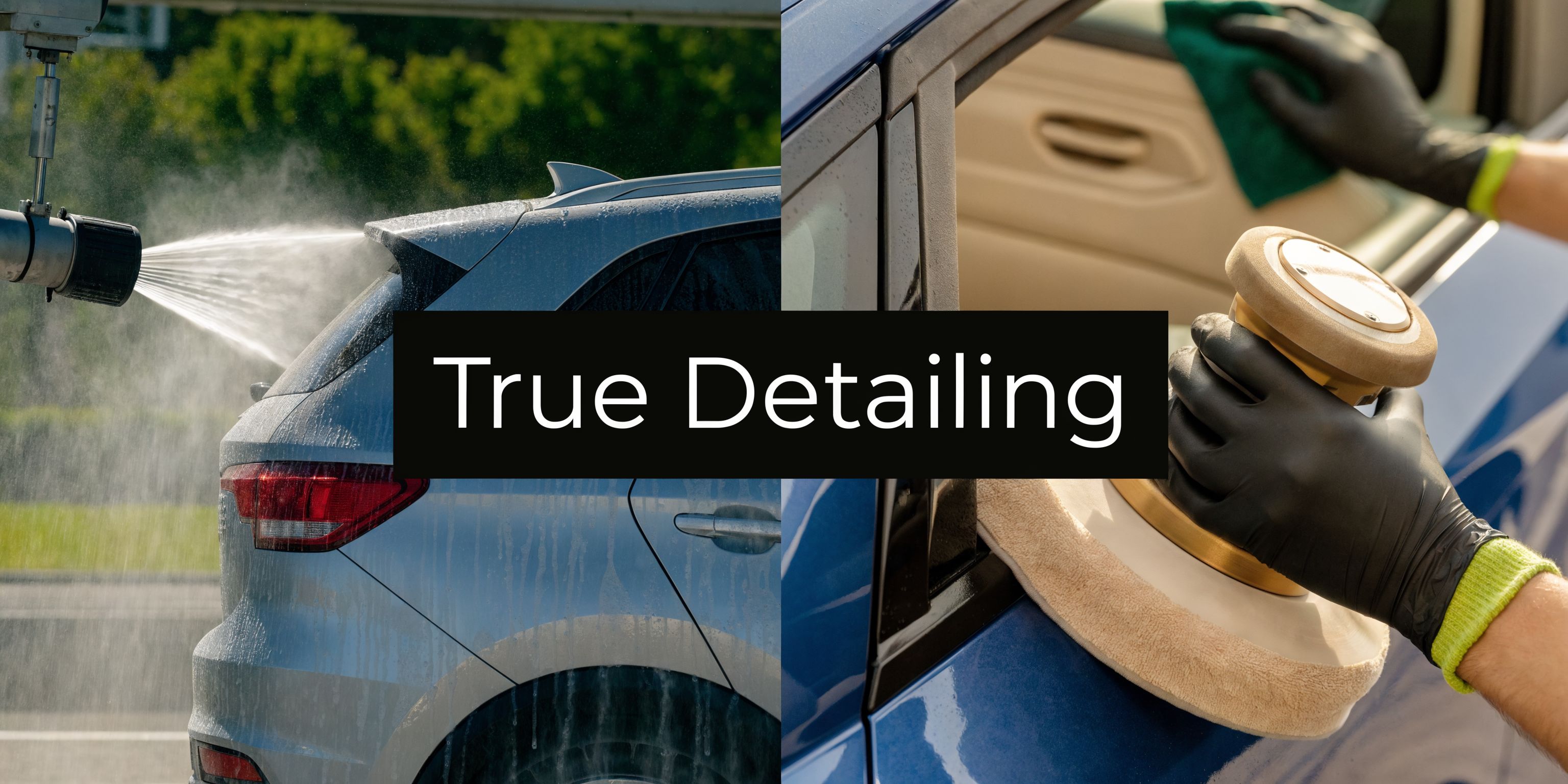 A professional car auto detailing service showing a car being pressure washed and polished by hand.